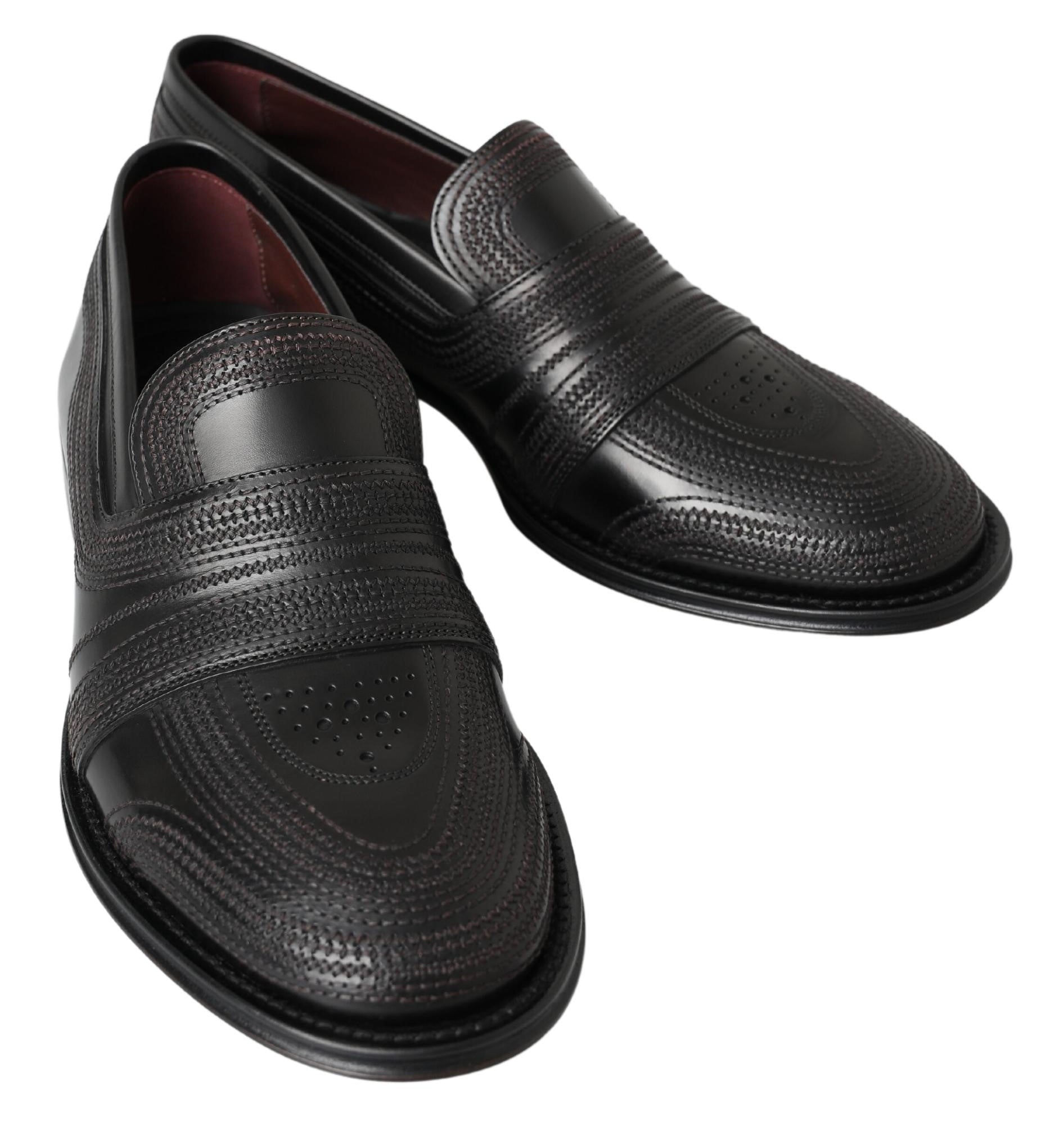 Black Leather Slipper Loafers Stitched Shoes - ventzia