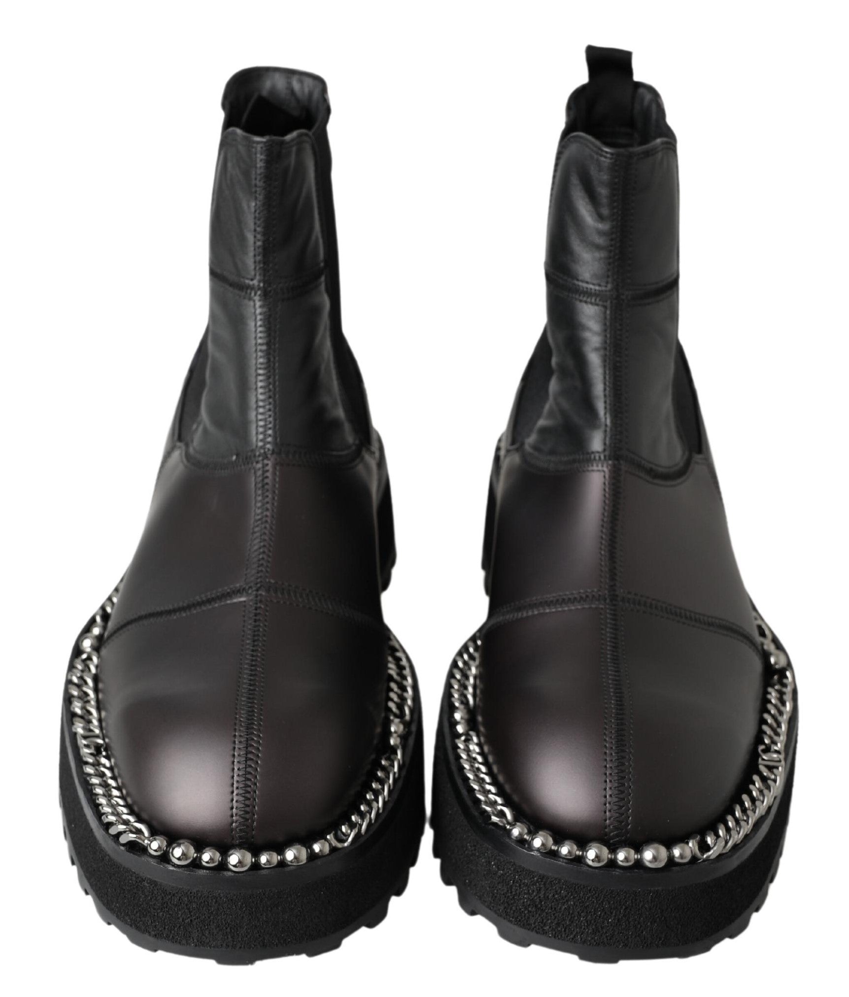 Black Leather Slip on Stretch Boots - ventzia