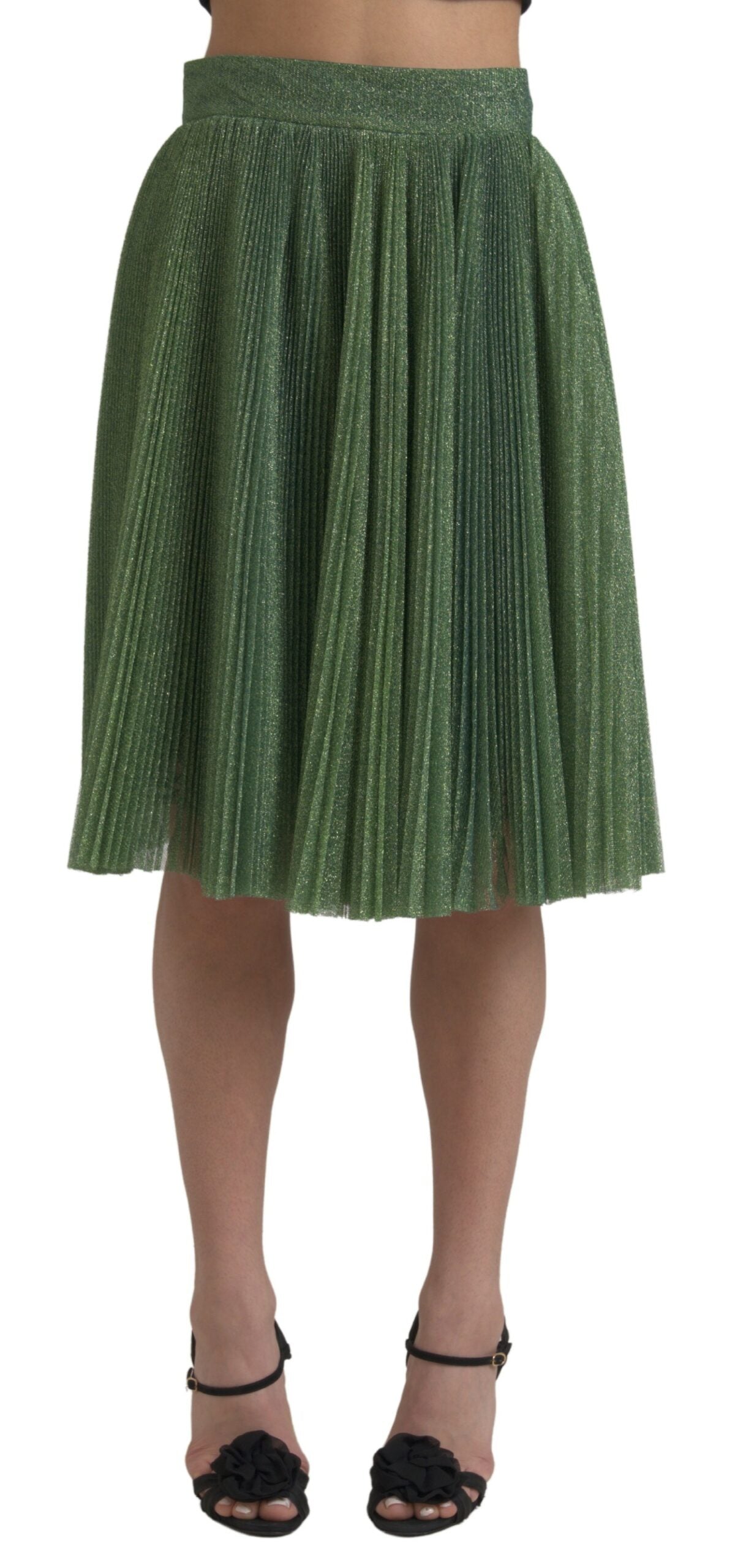 Metallic Green High Waist A-line Pleated Skirt - ventzia