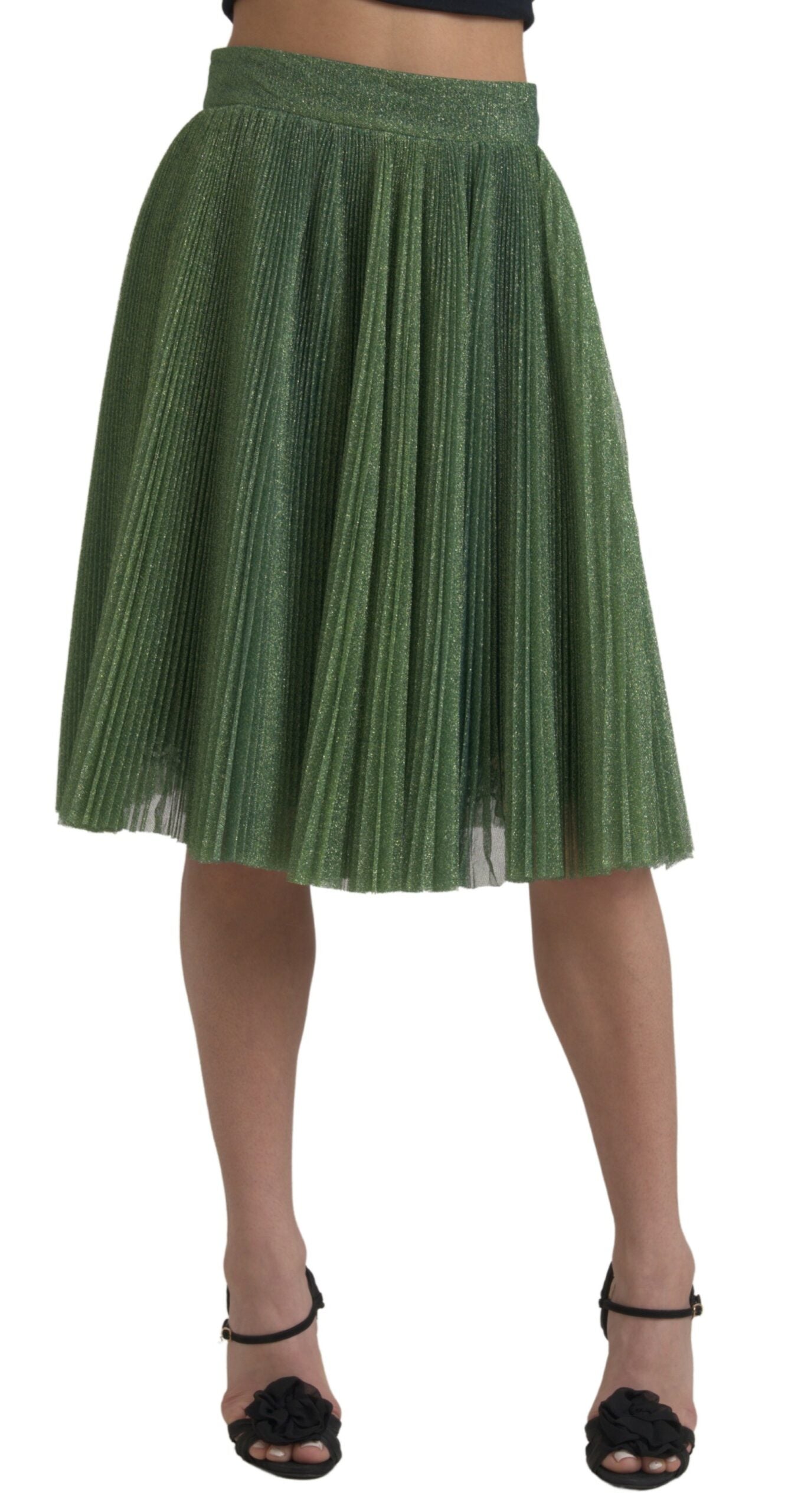 Metallic Green High Waist A-line Pleated Skirt - ventzia