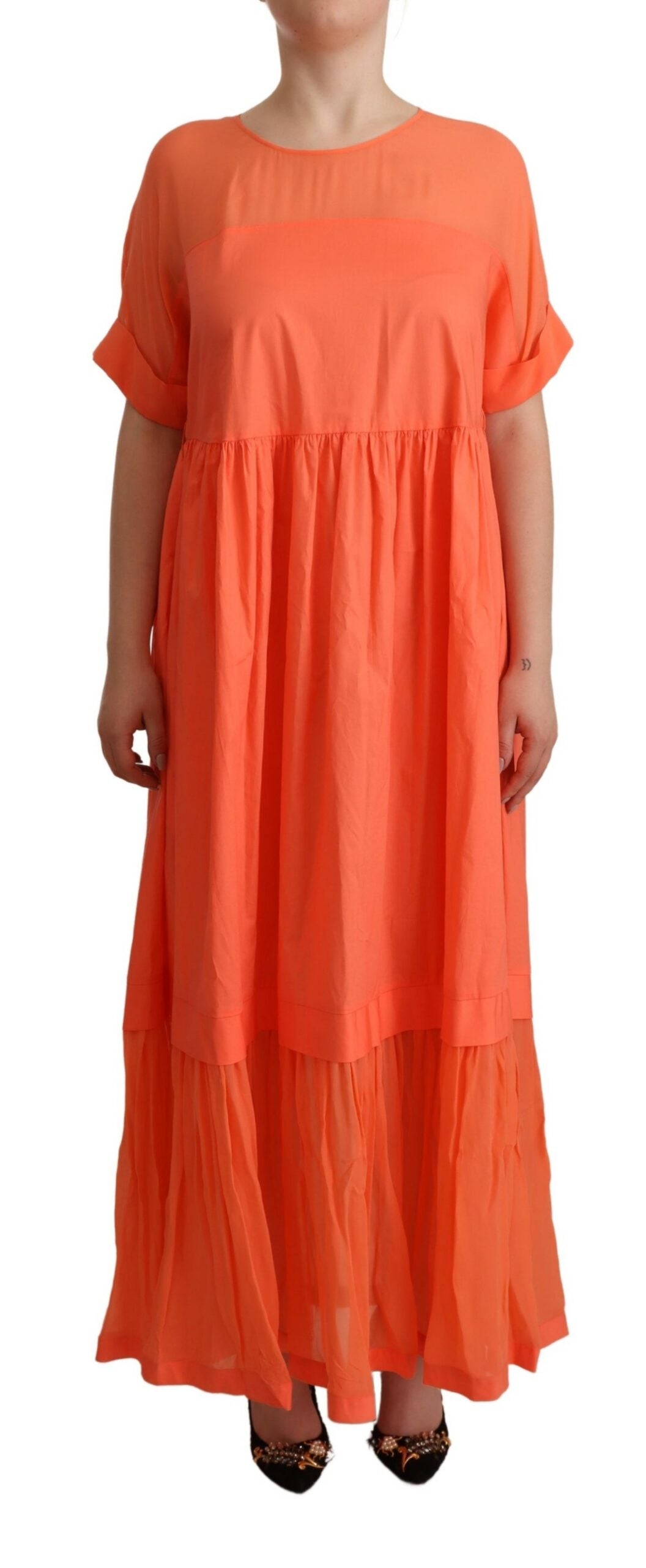 Coral Cotton Blend Short Sleeves Maxi Shift Dress - ventzia