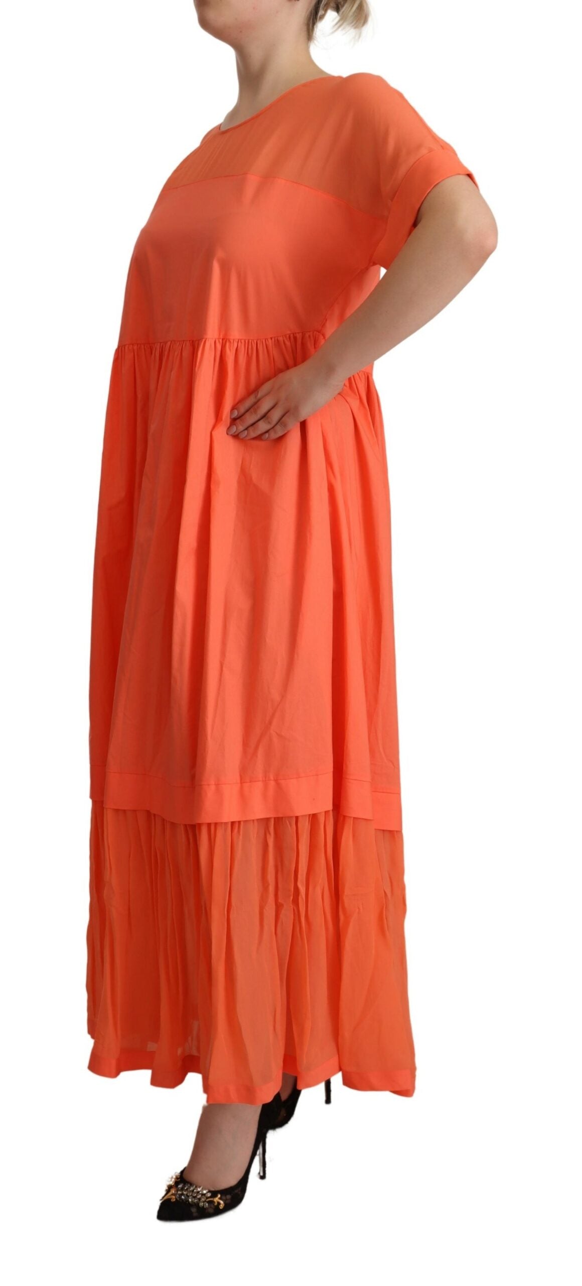 Coral Cotton Blend Short Sleeves Maxi Shift Dress - ventzia