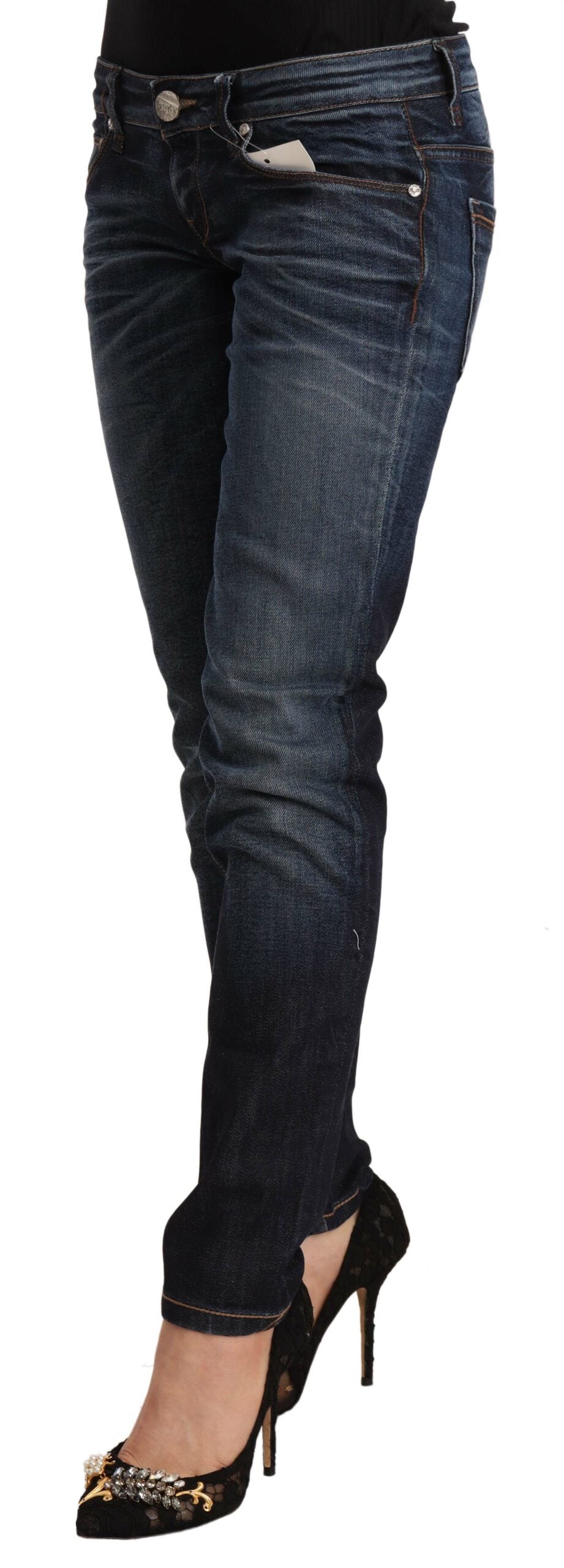 Blue Washed Cotton Low Waist Skinny Denim Jeans - ventzia