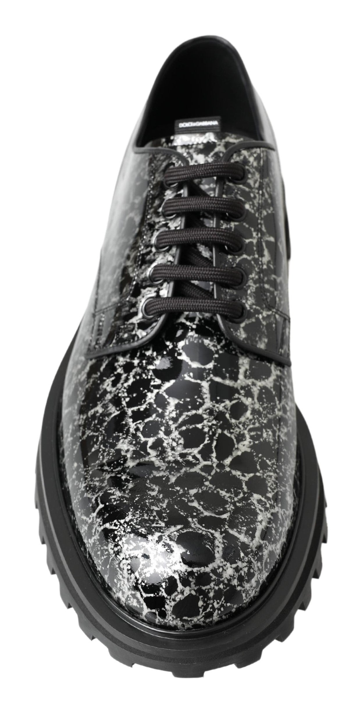 Black White Derby Patent Leather Shoes - ventzia