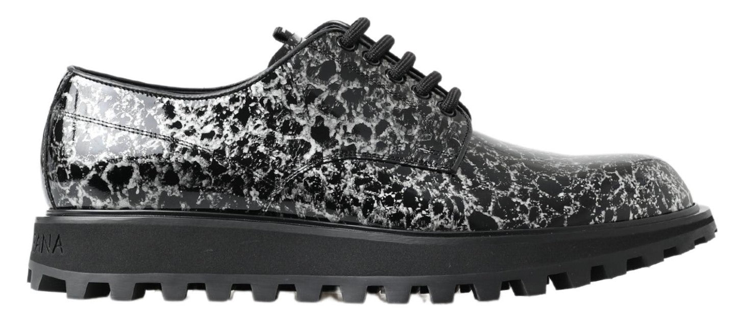 Black White Derby Patent Leather Shoes - ventzia