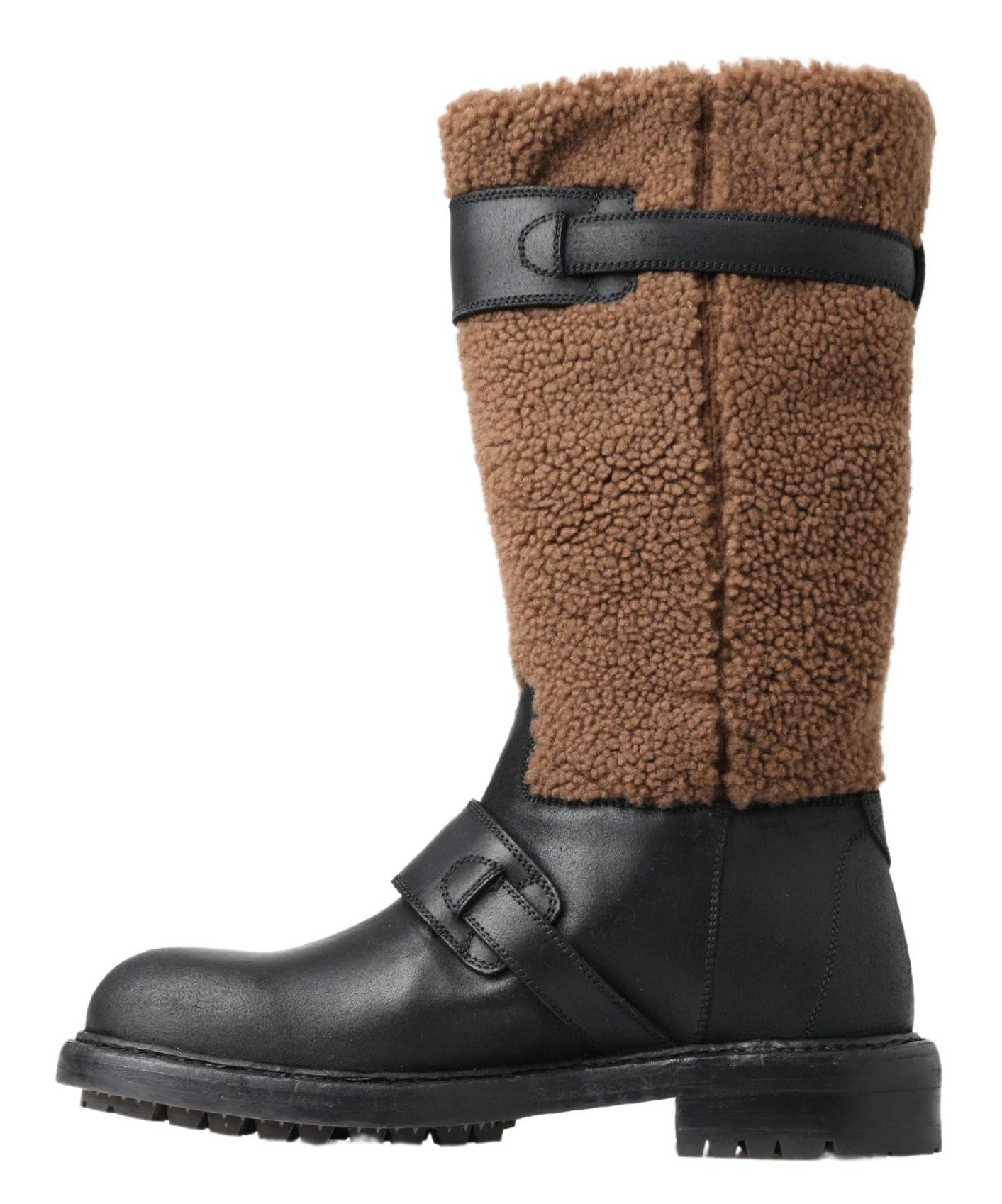 Black Leather Brown Shearling Boots - ventzia