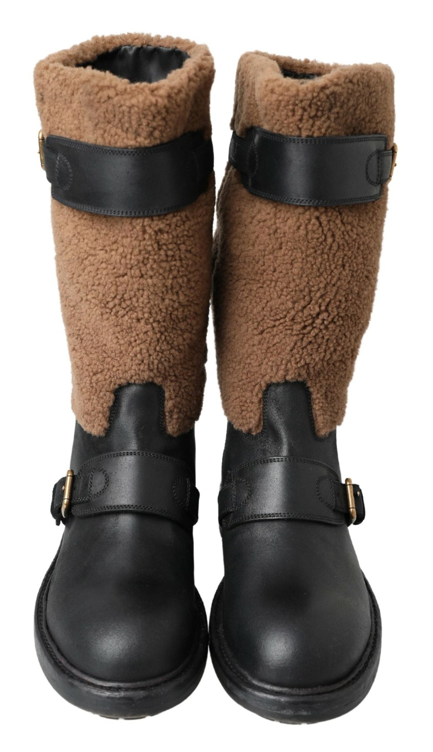 Black Leather Brown Shearling Boots - ventzia