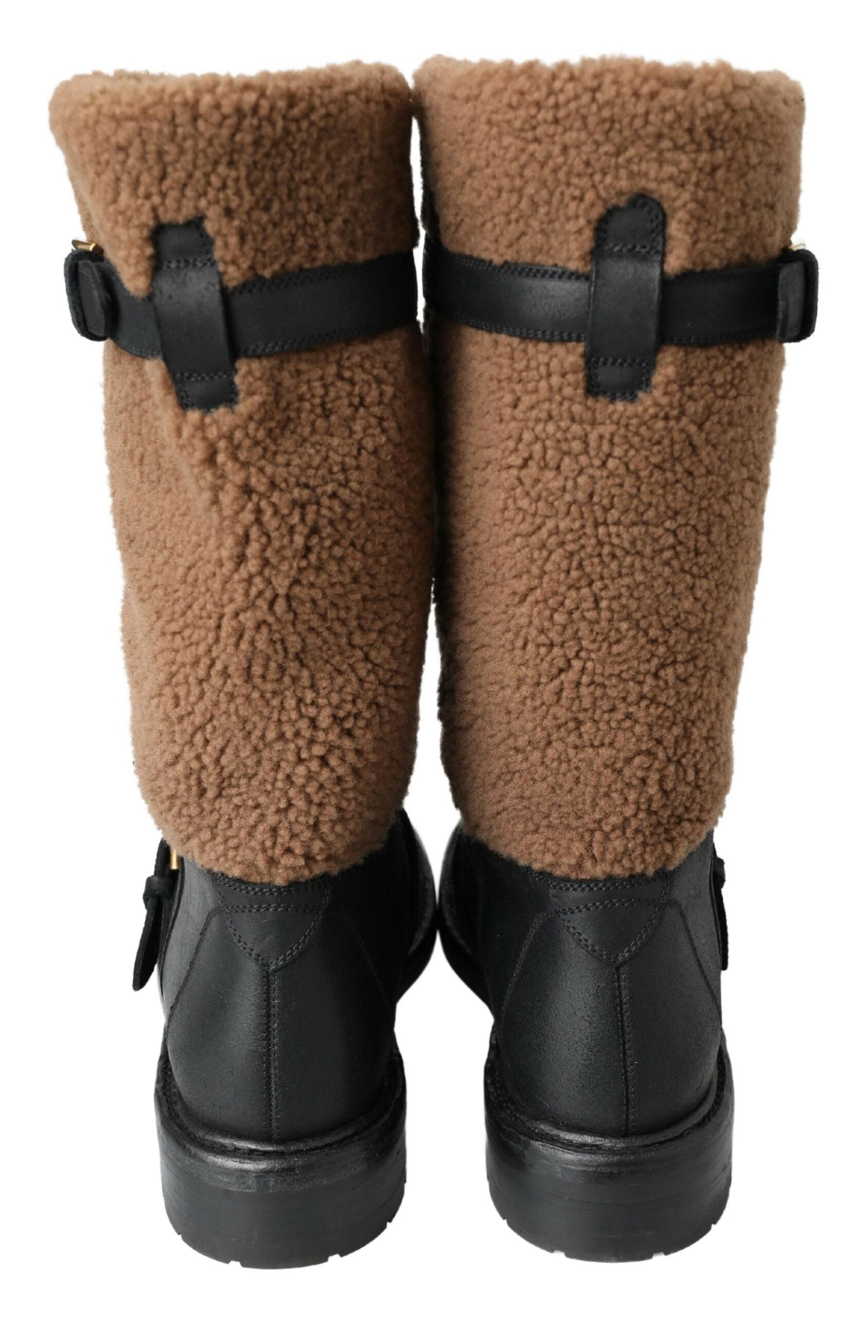 Black Leather Brown Shearling Boots - ventzia