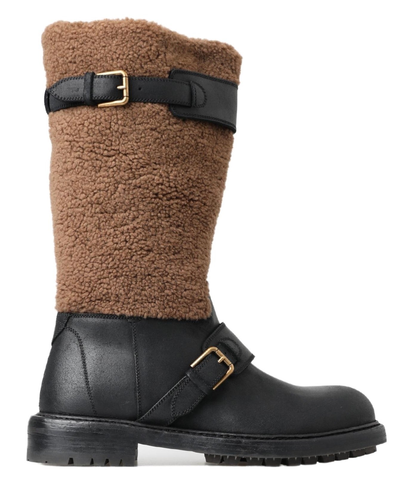 Black Leather Brown Shearling Boots - ventzia