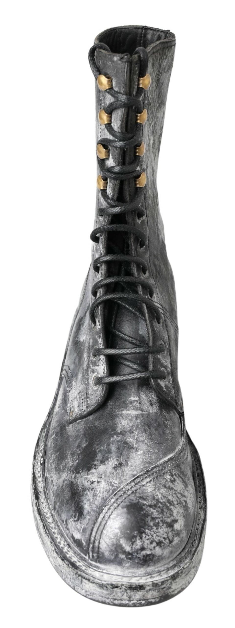 Black Gray Leather Mid Calf Boots Shoes - ventzia