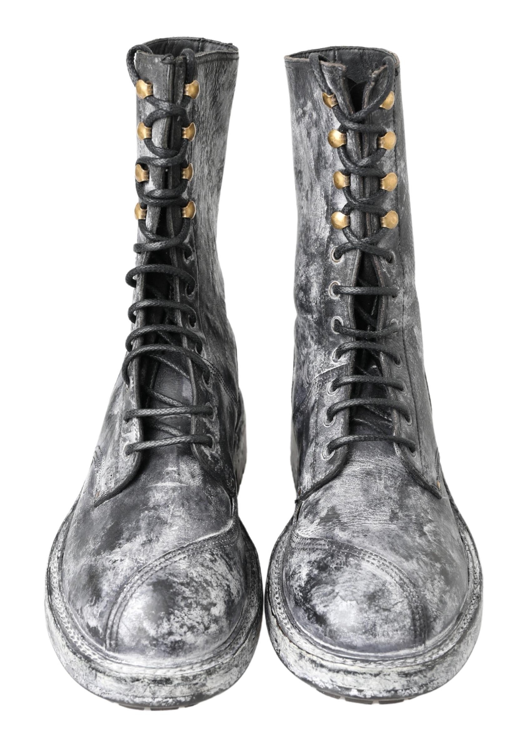 Black Gray Leather Mid Calf Boots Shoes - ventzia