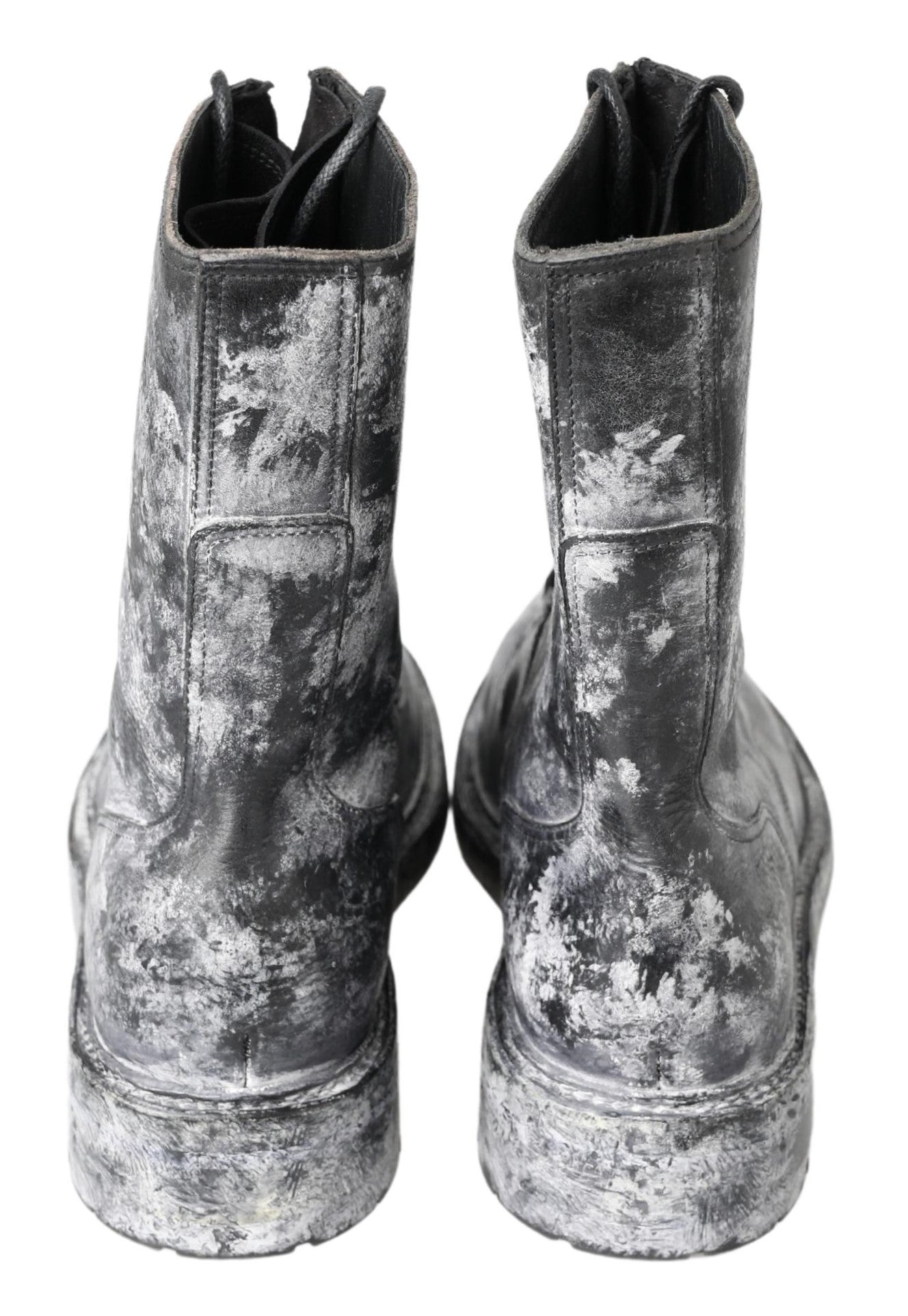 Black Gray Leather Mid Calf Boots Shoes - ventzia