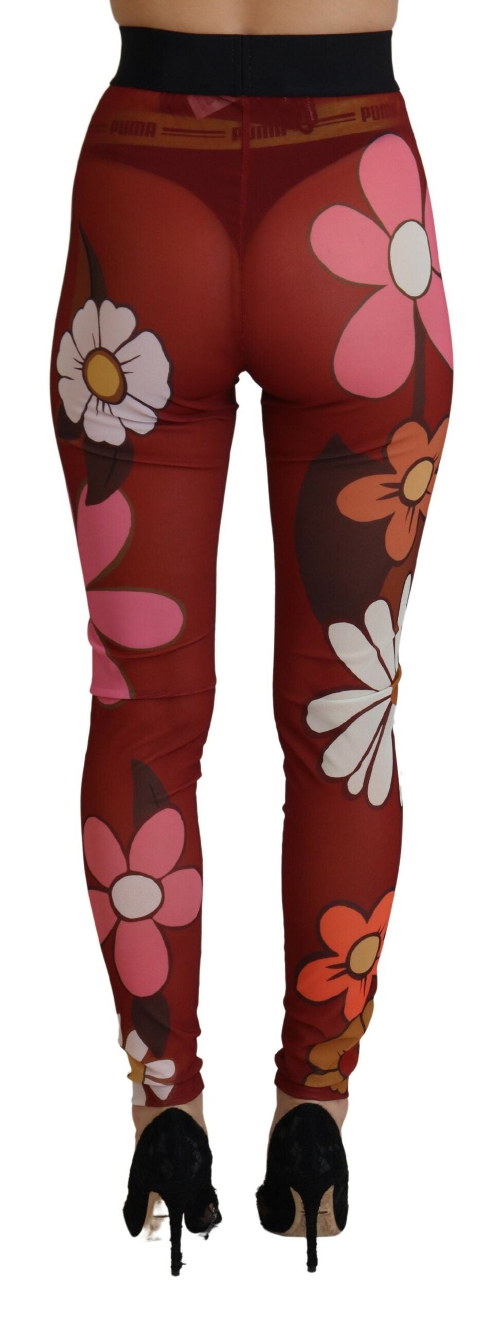 Red Floral Leggings Stretch Waist Pants - ventzia