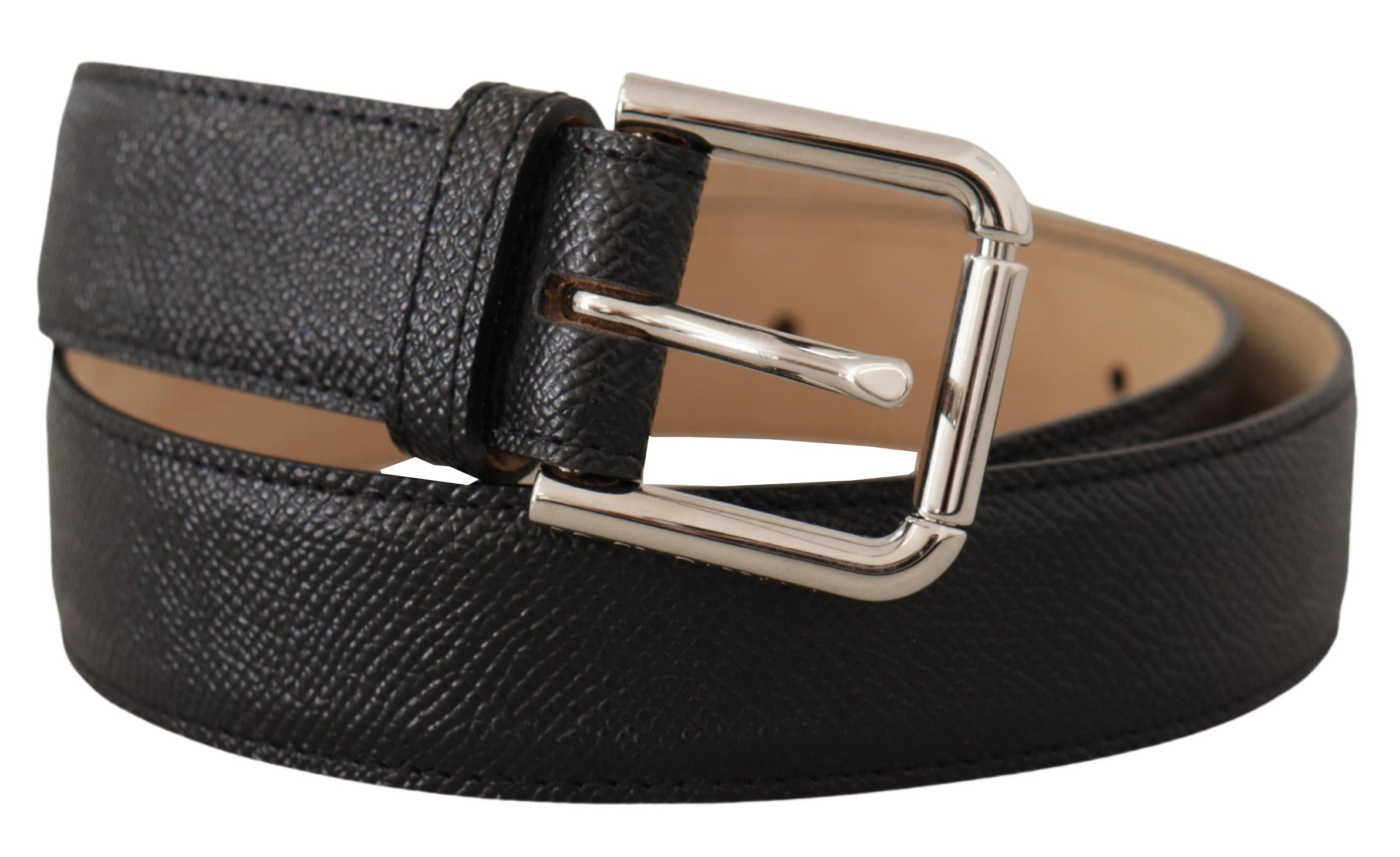 Black Calf Leather Brown Backend Metal Buckle Belt - ventzia