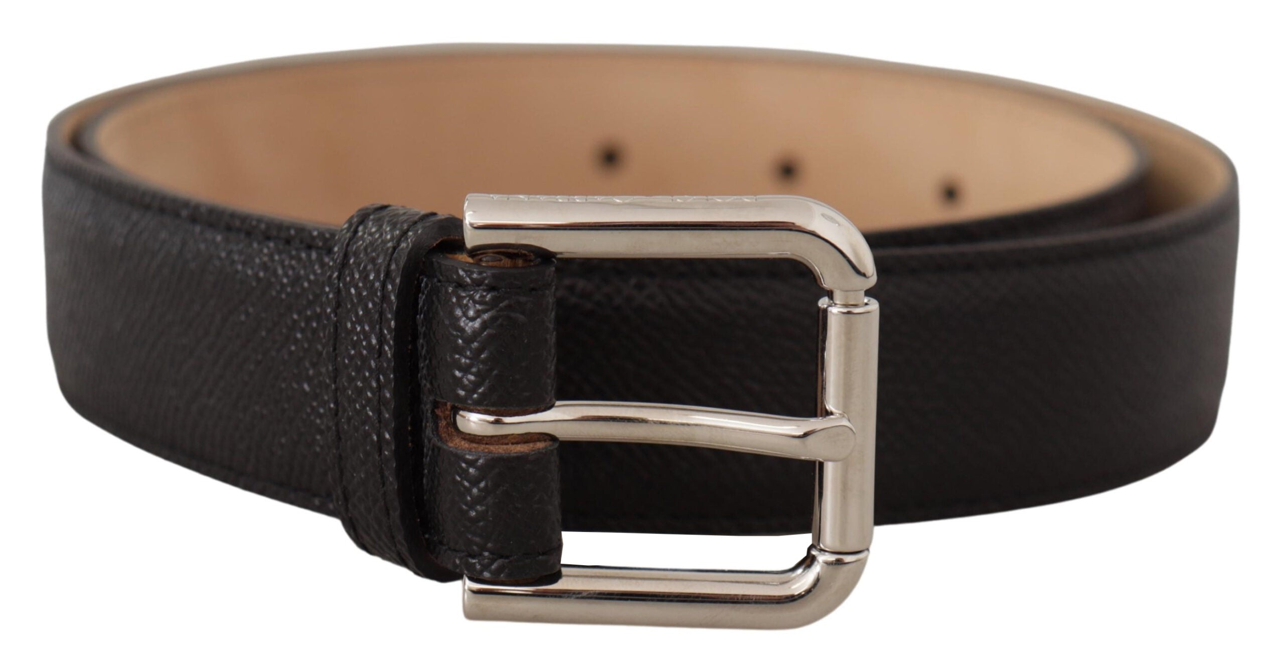 Black Calf Leather Brown Backend Metal Buckle Belt - ventzia