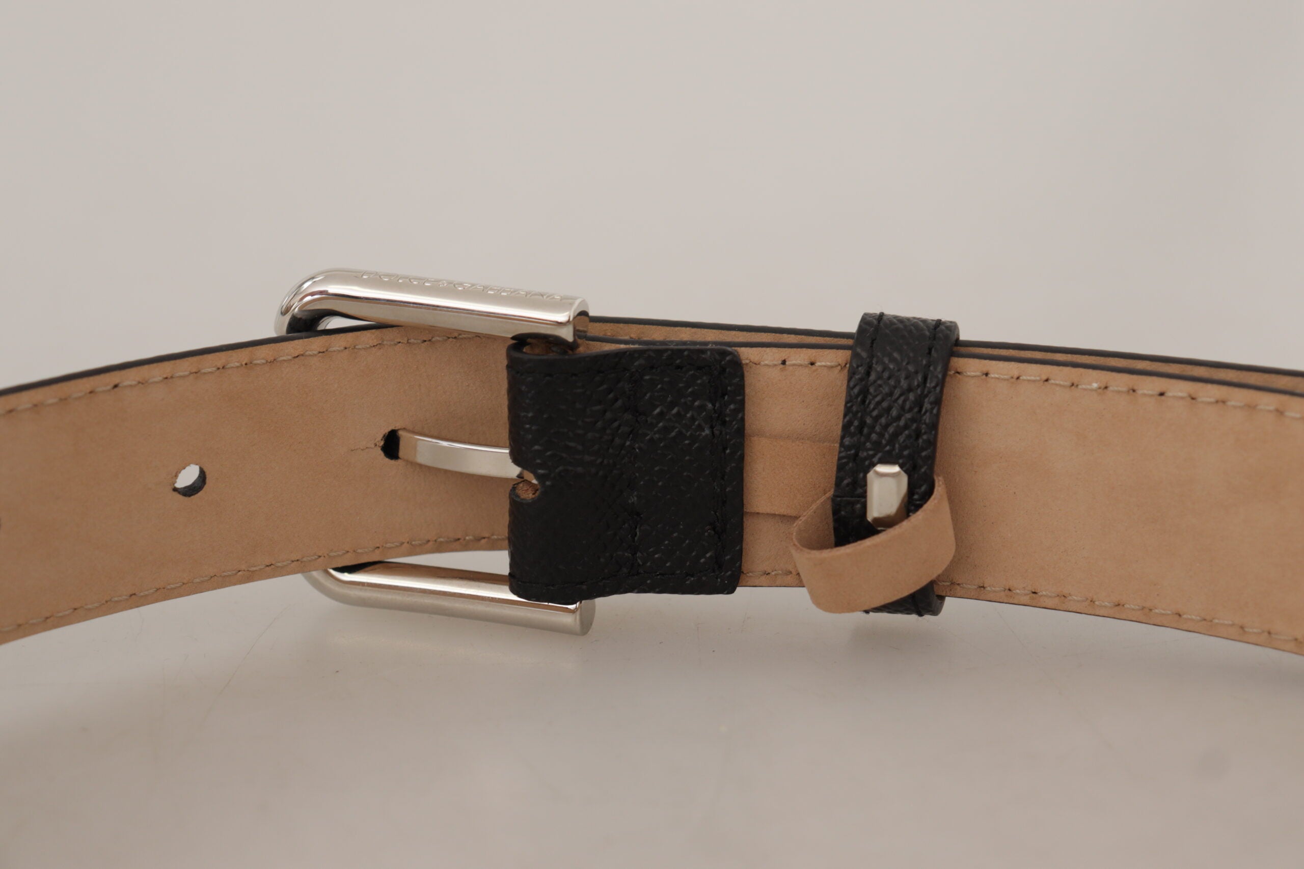 Black Calf Leather Brown Backend Metal Buckle Belt - ventzia