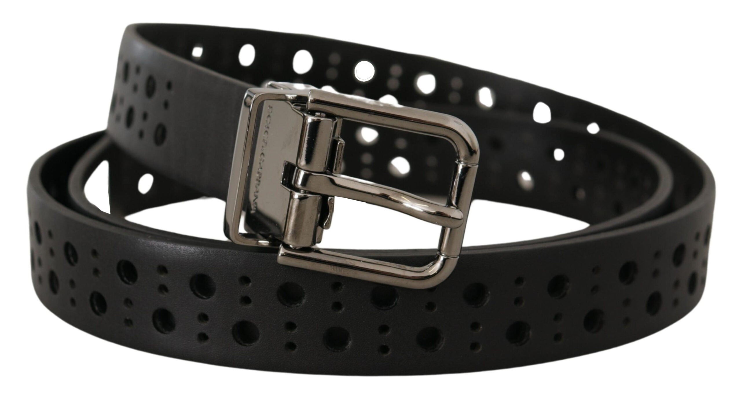 Black Calf Leather Perforated Metal Buckle Belt - ventzia