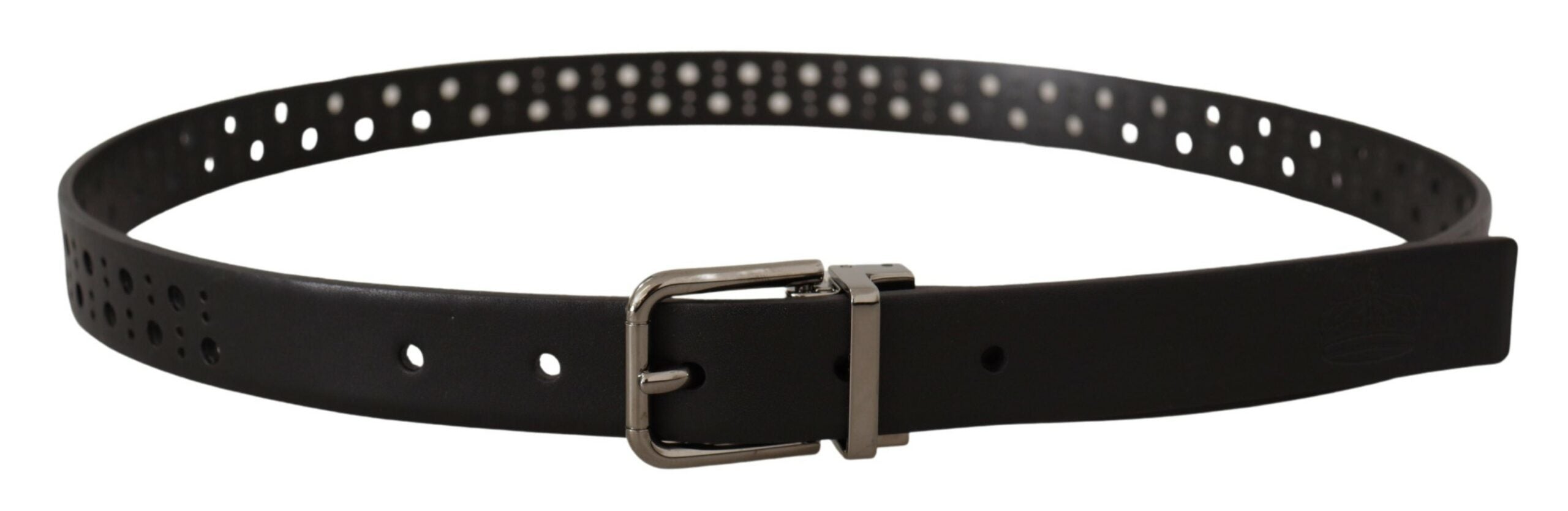 Black Calf Leather Perforated Metal Buckle Belt - ventzia