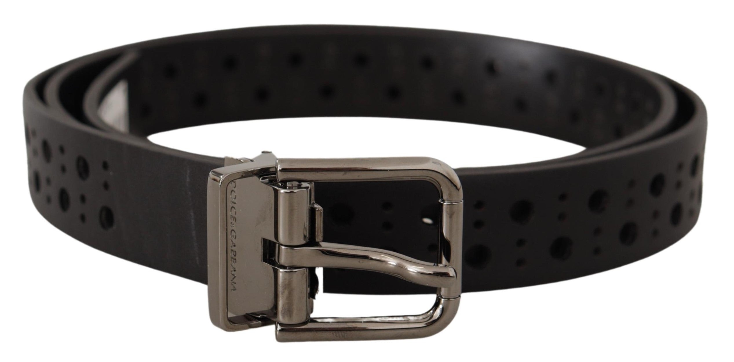 Black Calf Leather Perforated Metal Buckle Belt - ventzia