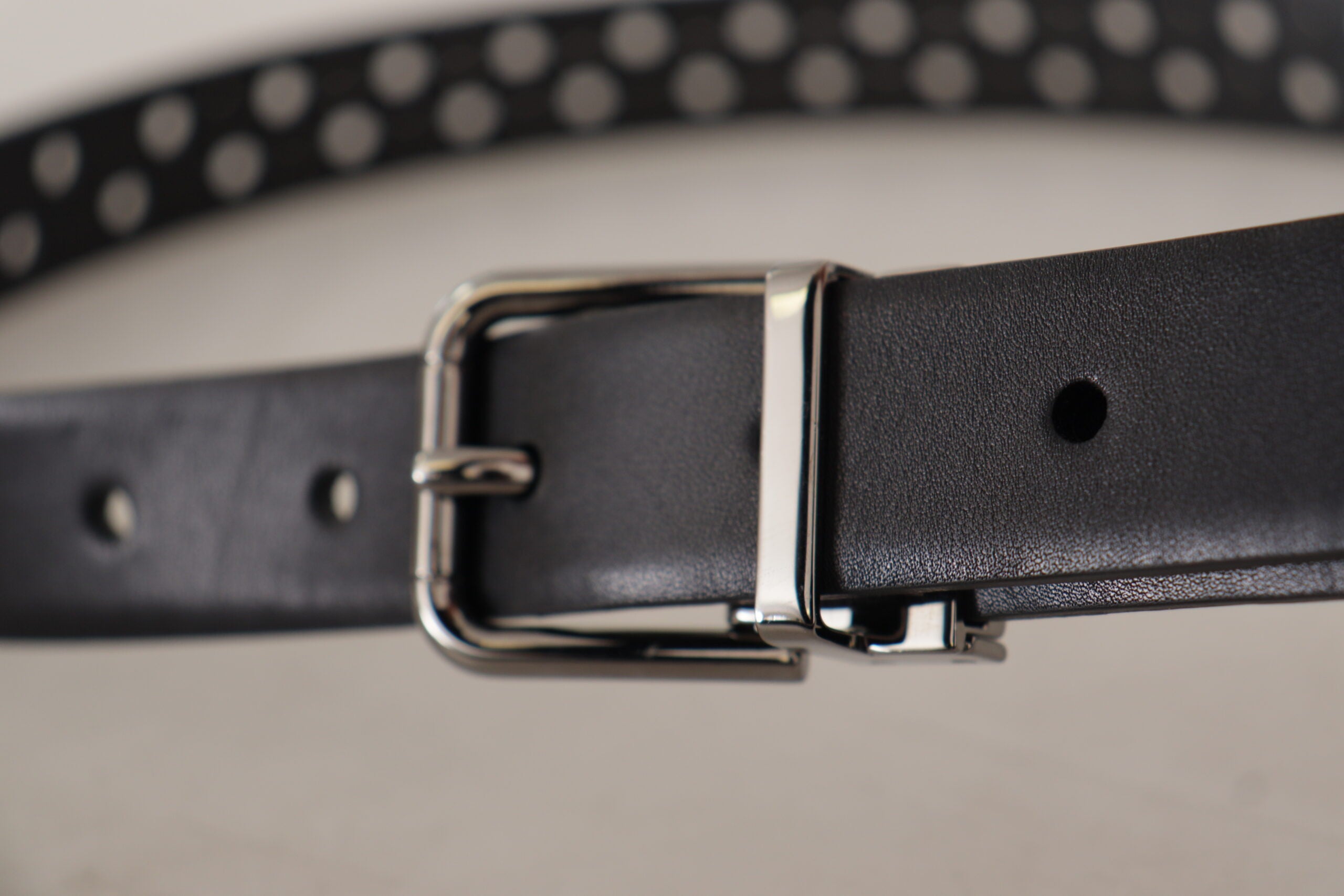 Black Calf Leather Perforated Metal Buckle Belt - ventzia