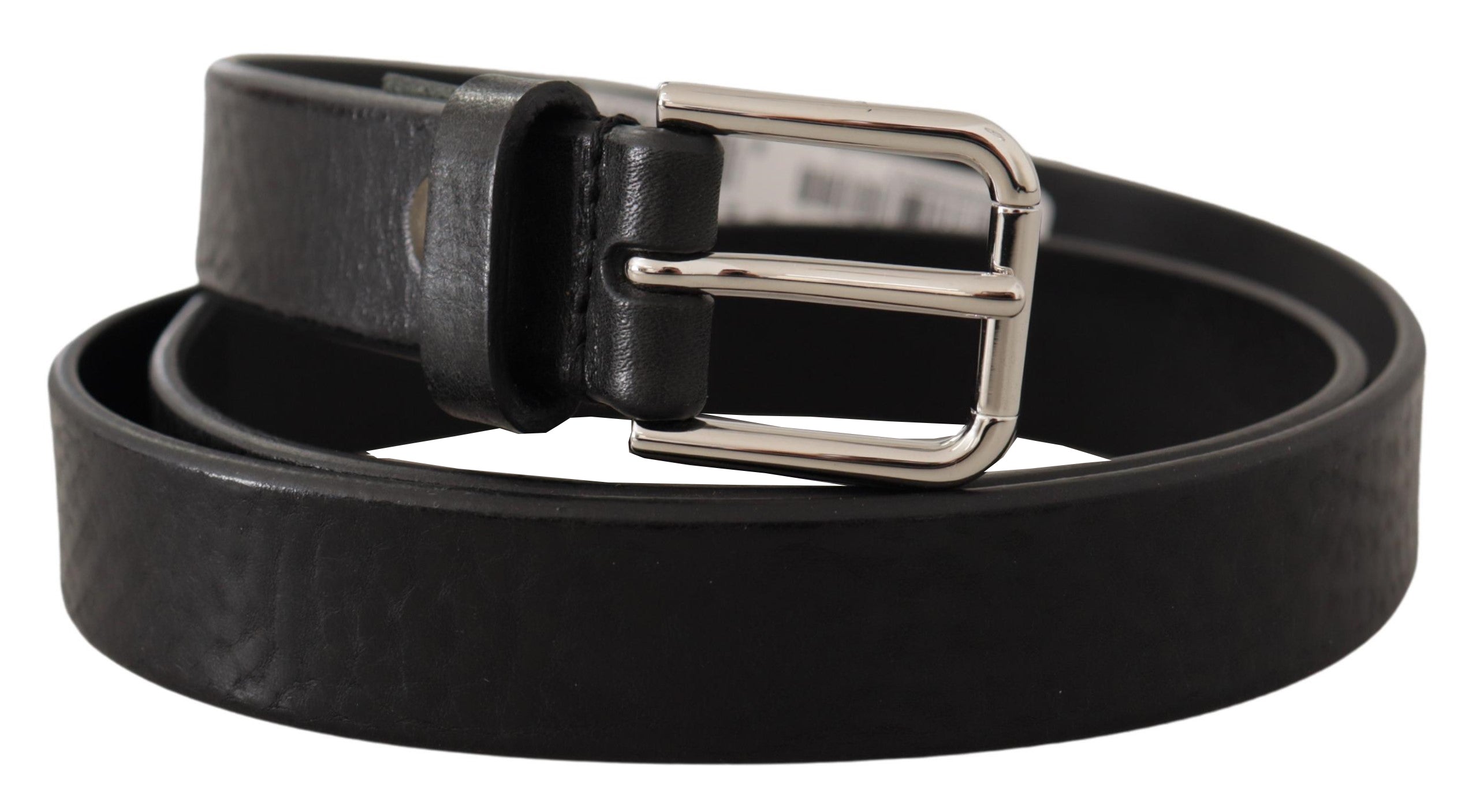 Black Calf Leather Silver Tone Logo Metal Buckle Belt - ventzia