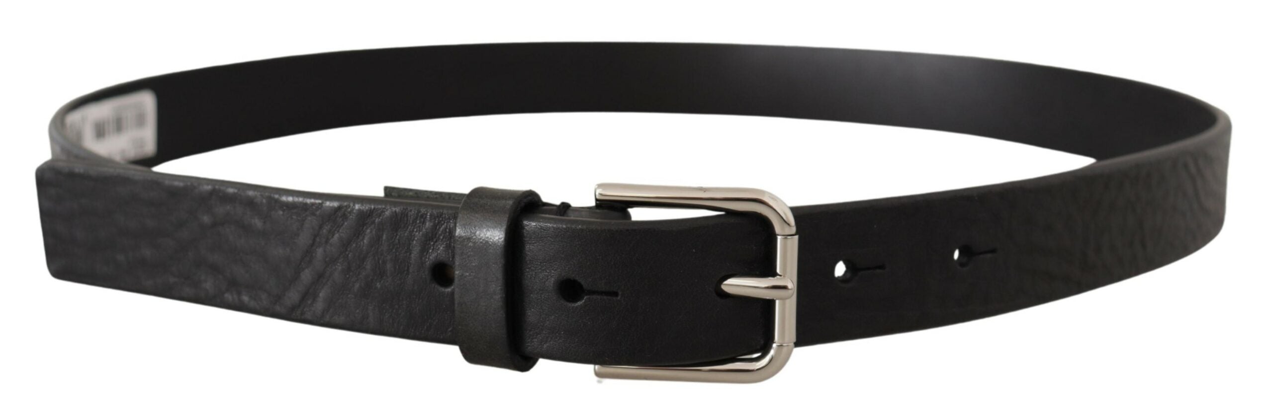 Black Calf Leather Silver Tone Logo Metal Buckle Belt - ventzia