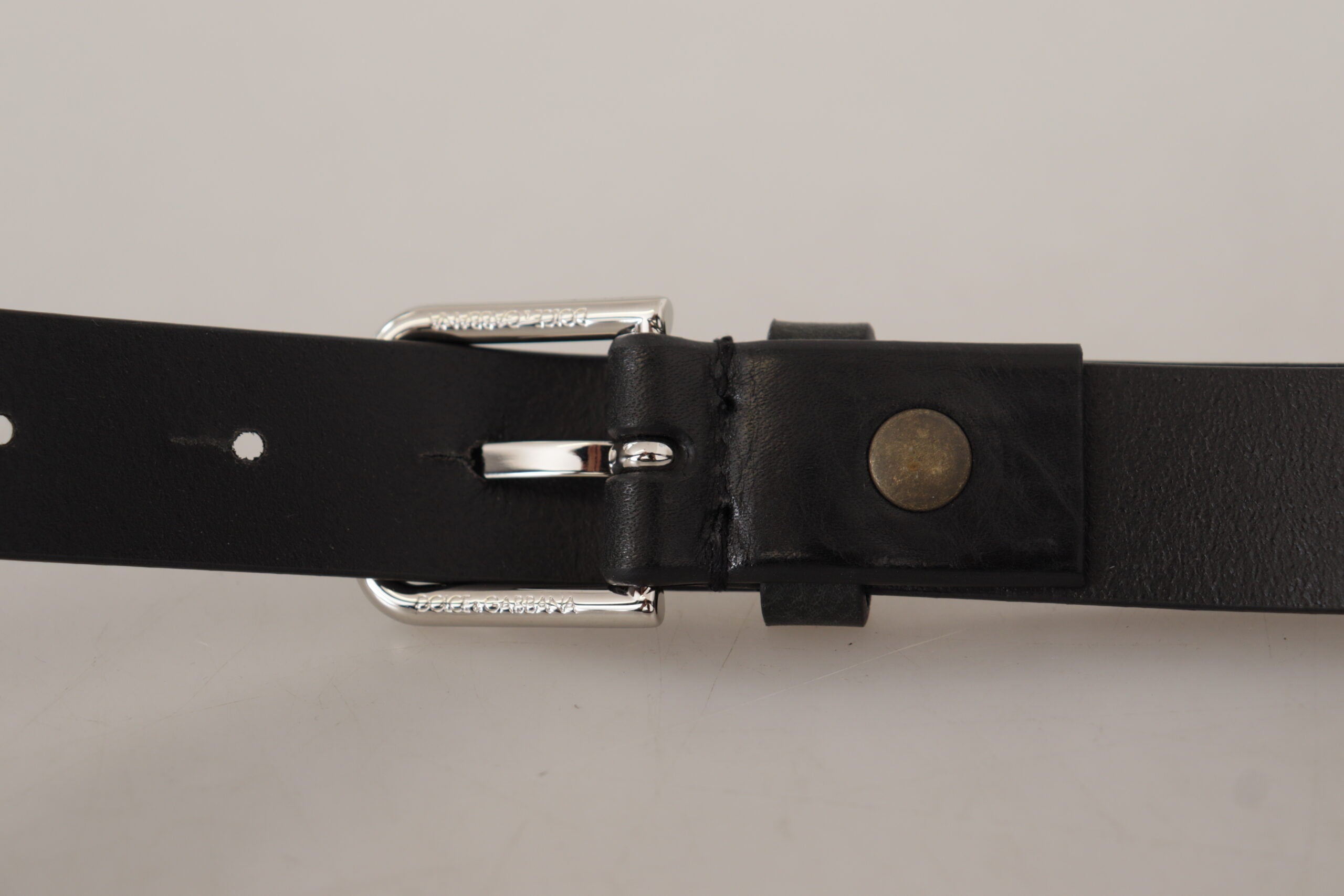 Black Calf Leather Silver Tone Logo Metal Buckle Belt - ventzia