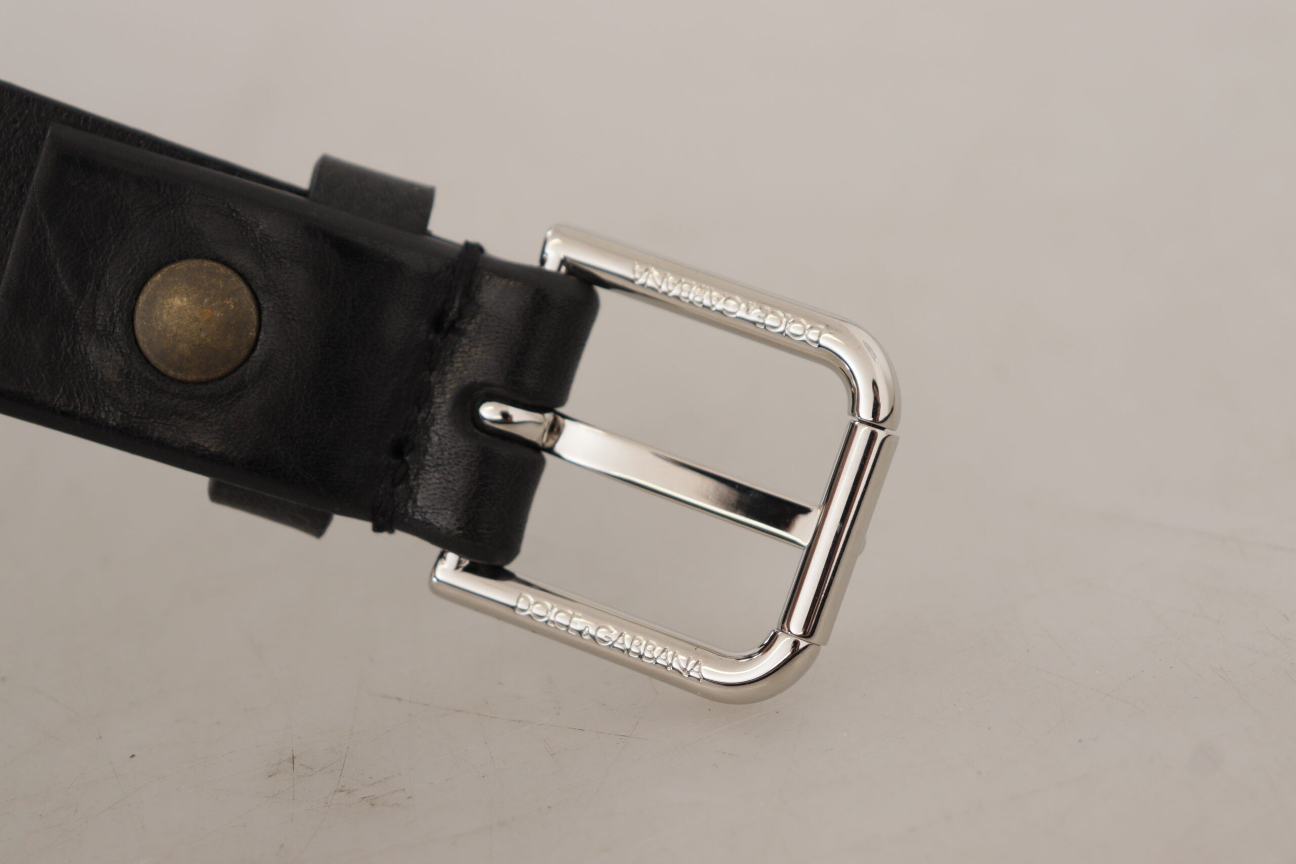 Black Calf Leather Silver Tone Logo Metal Buckle Belt - ventzia