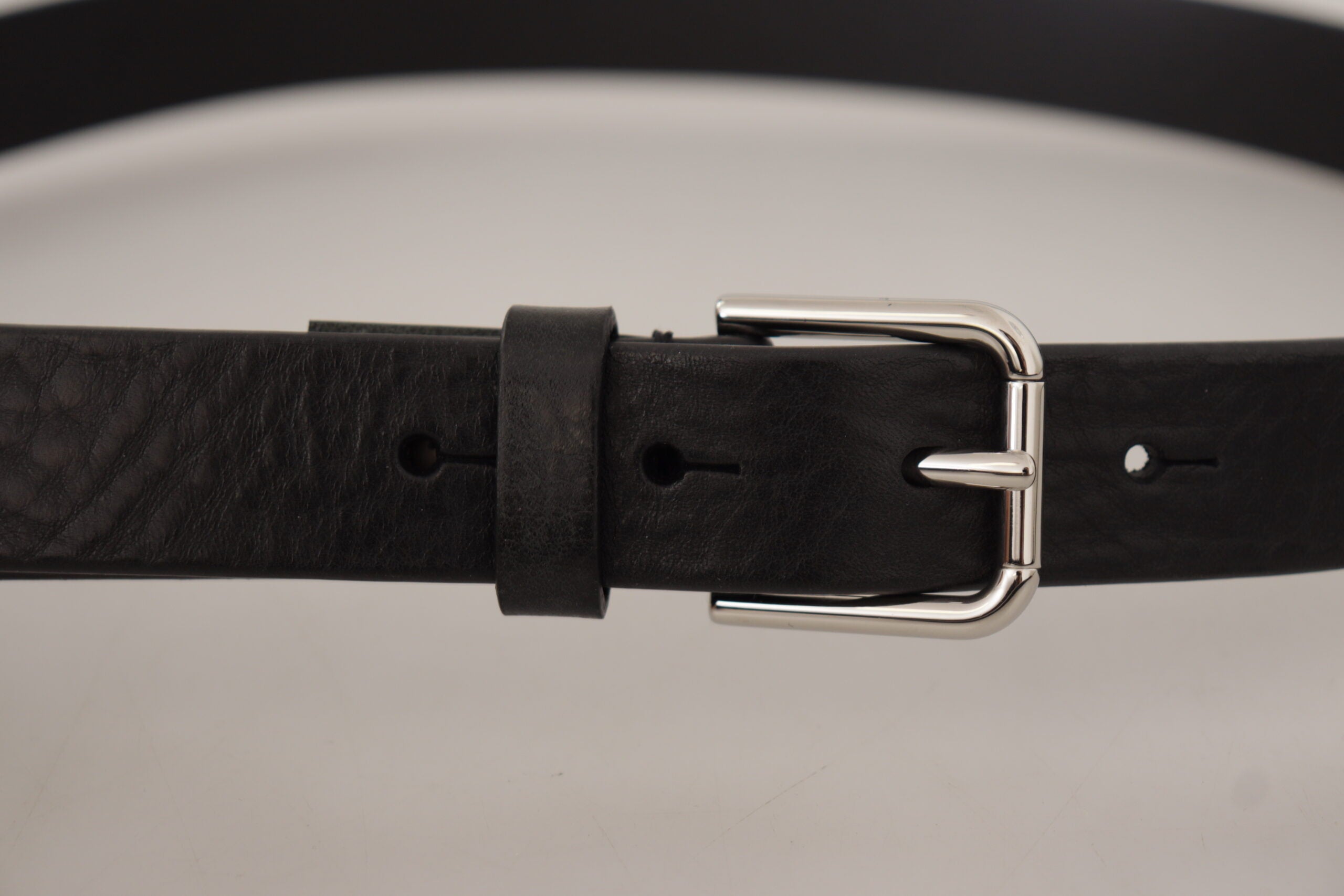 Black Calf Leather Silver Tone Logo Metal Buckle Belt - ventzia