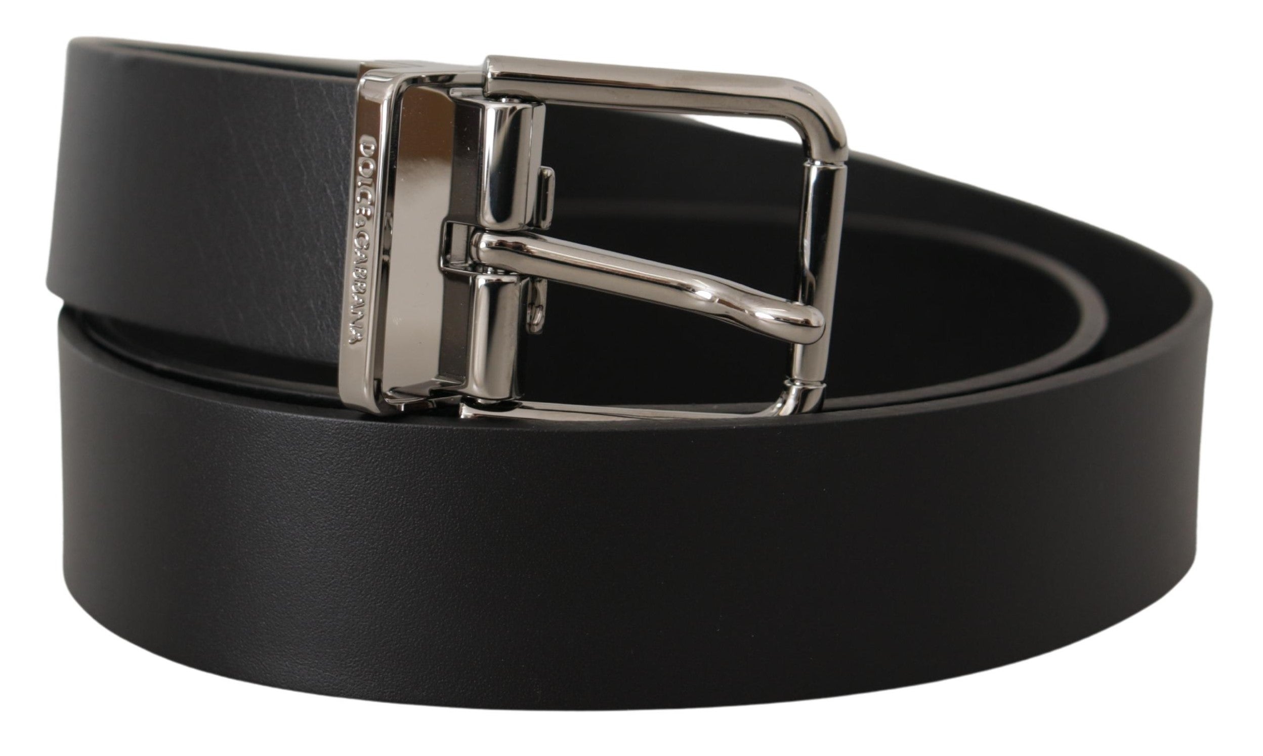 Black Casual Calf Leather Logo Metal Buckle Belt - ventzia