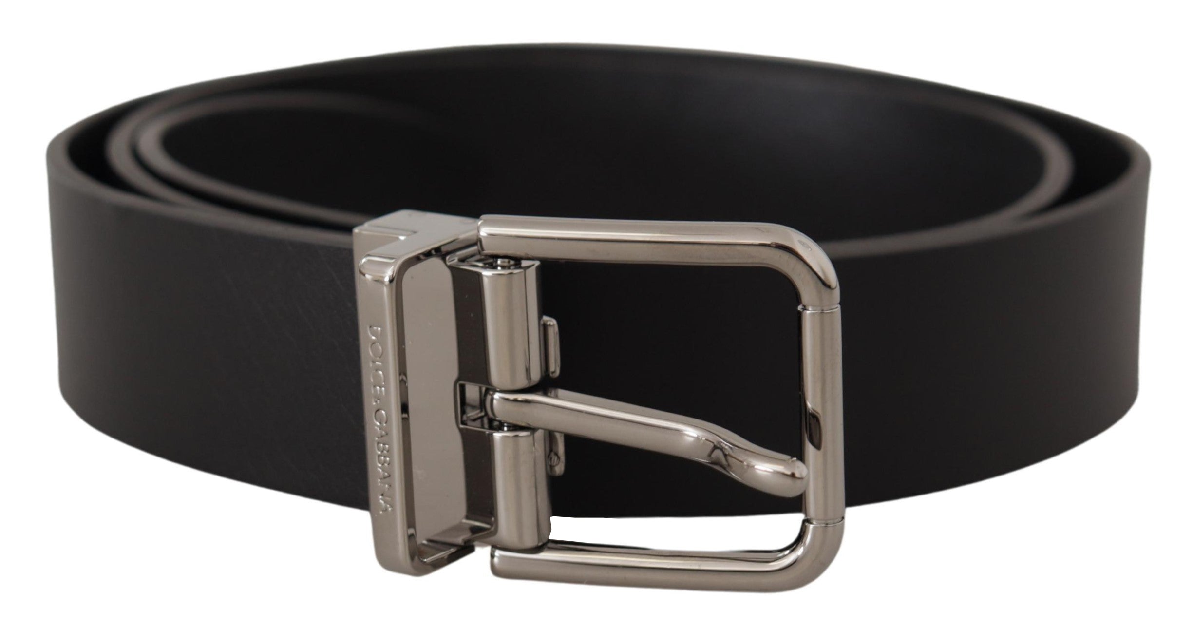 Black Casual Calf Leather Logo Metal Buckle Belt - ventzia