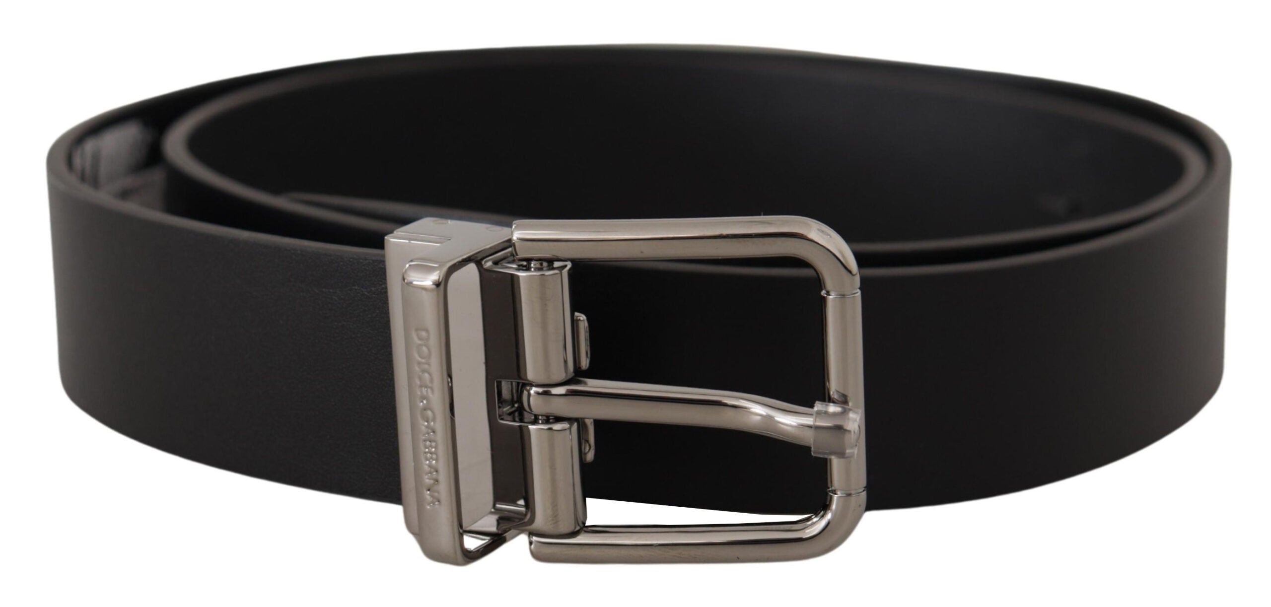 Black Calf Leather Logo Engraved Metal Buckle Belt - ventzia