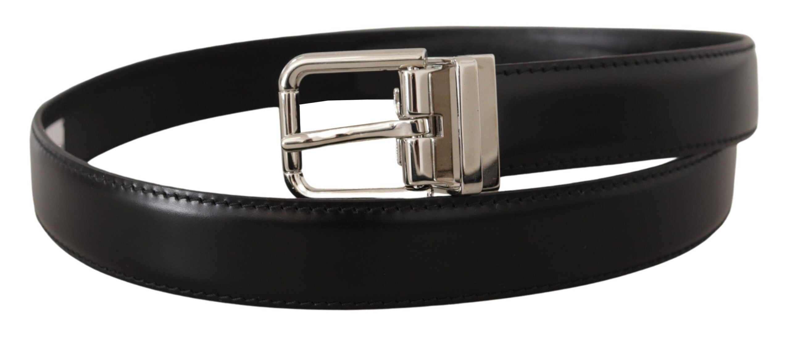 Black Calf Leather Logo Engraved Metal Buckle Belt - ventzia