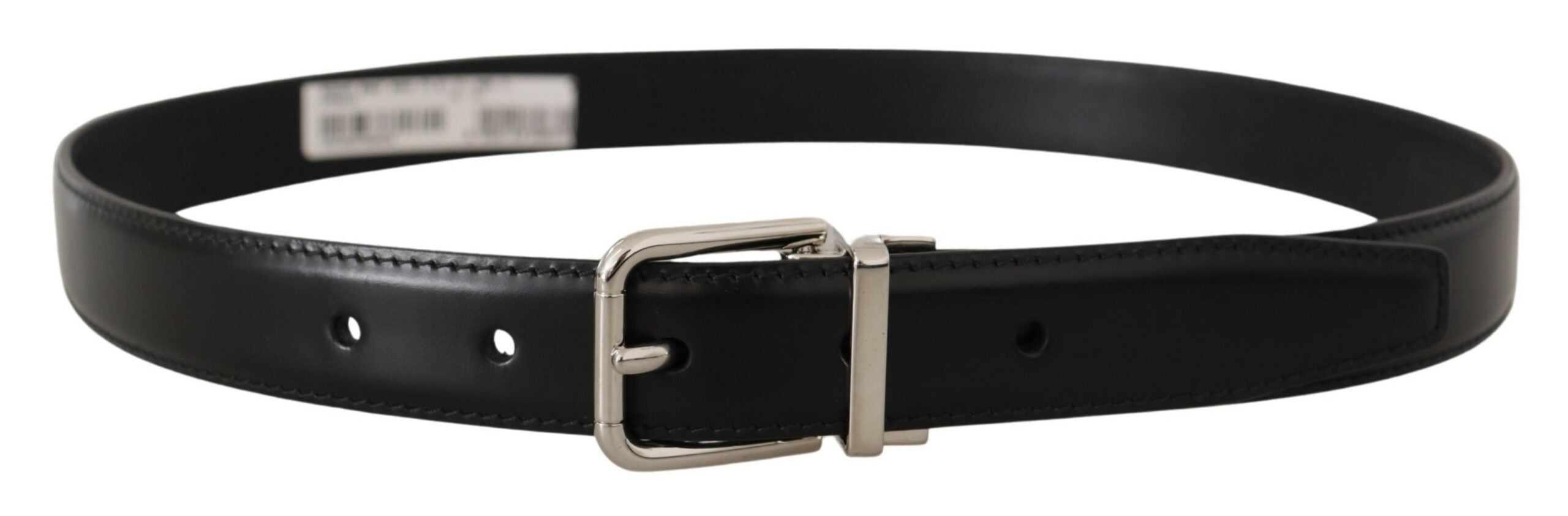 Black Calf Leather Logo Engraved Metal Buckle Belt - ventzia
