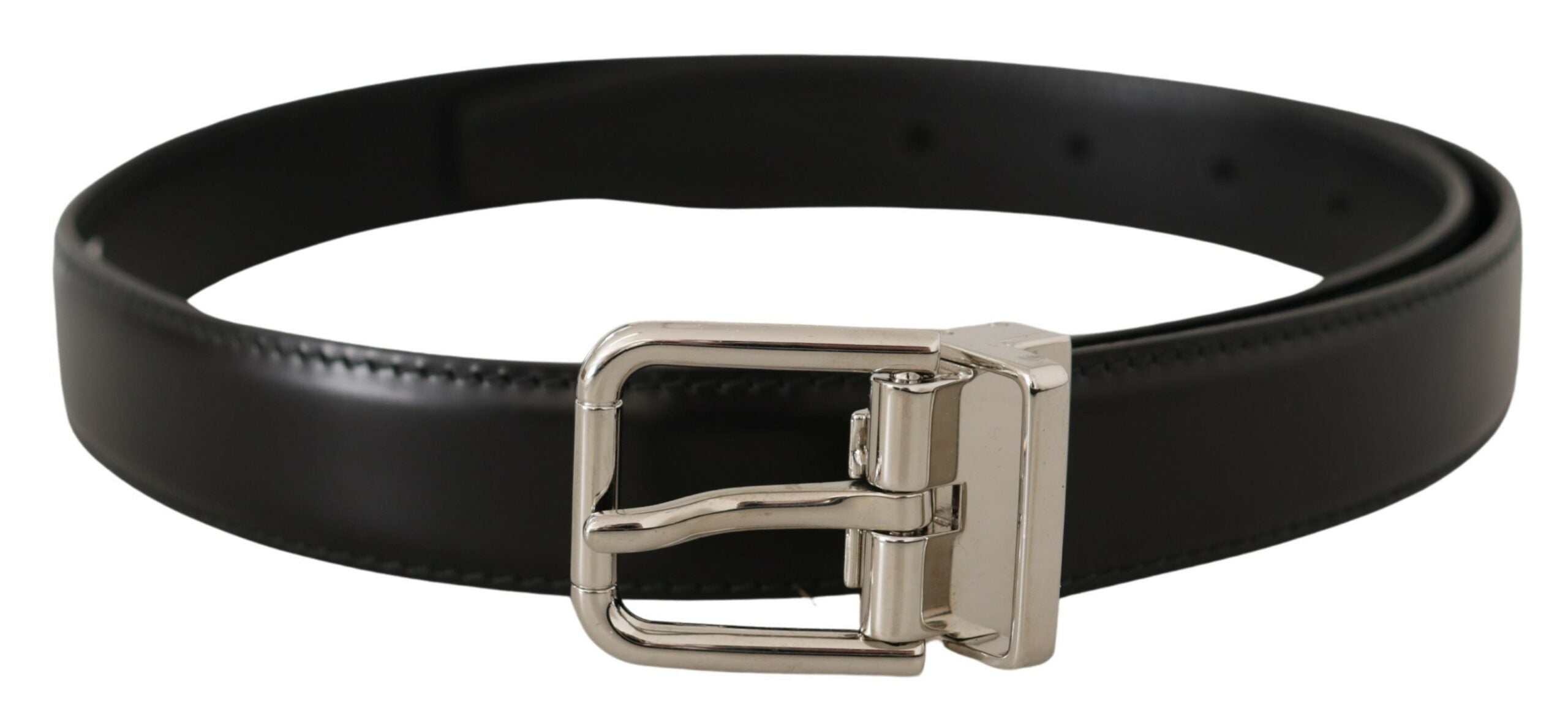 Black Calf Leather Logo Engraved Metal Buckle Belt - ventzia