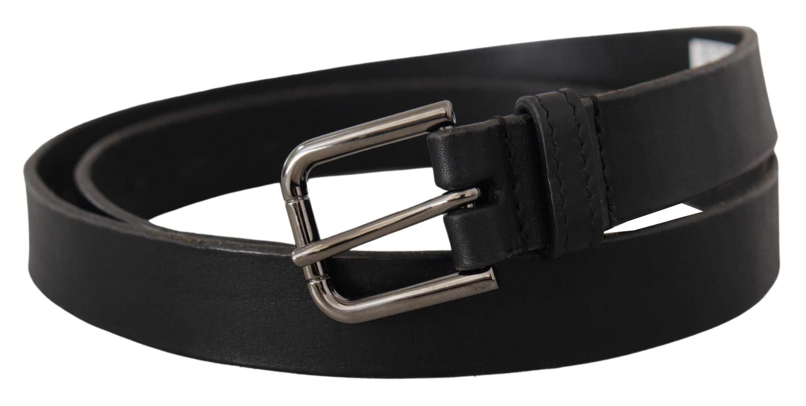 Black Calf Leather Logo Engraved Metal Buckle Belt - ventzia