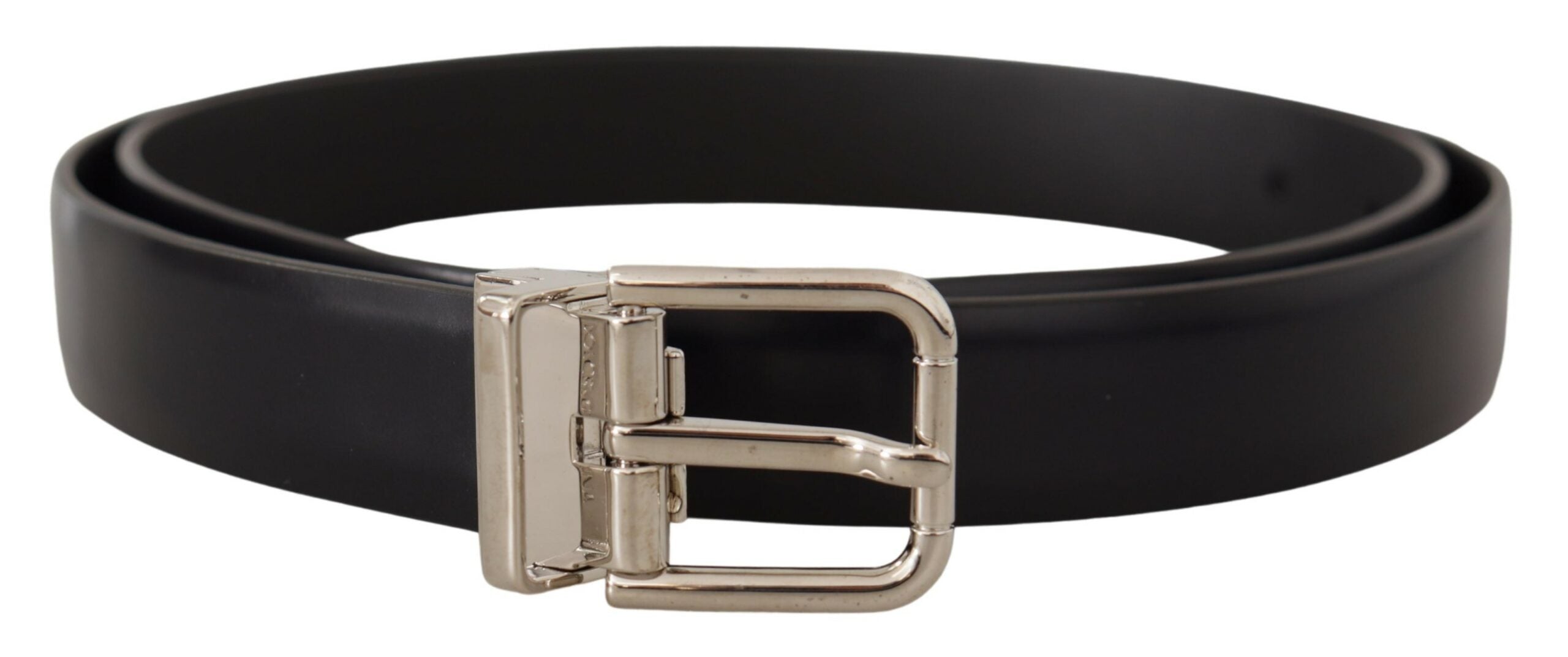 Black Calf Leather Classic Logo Metal Buckle Belt - ventzia