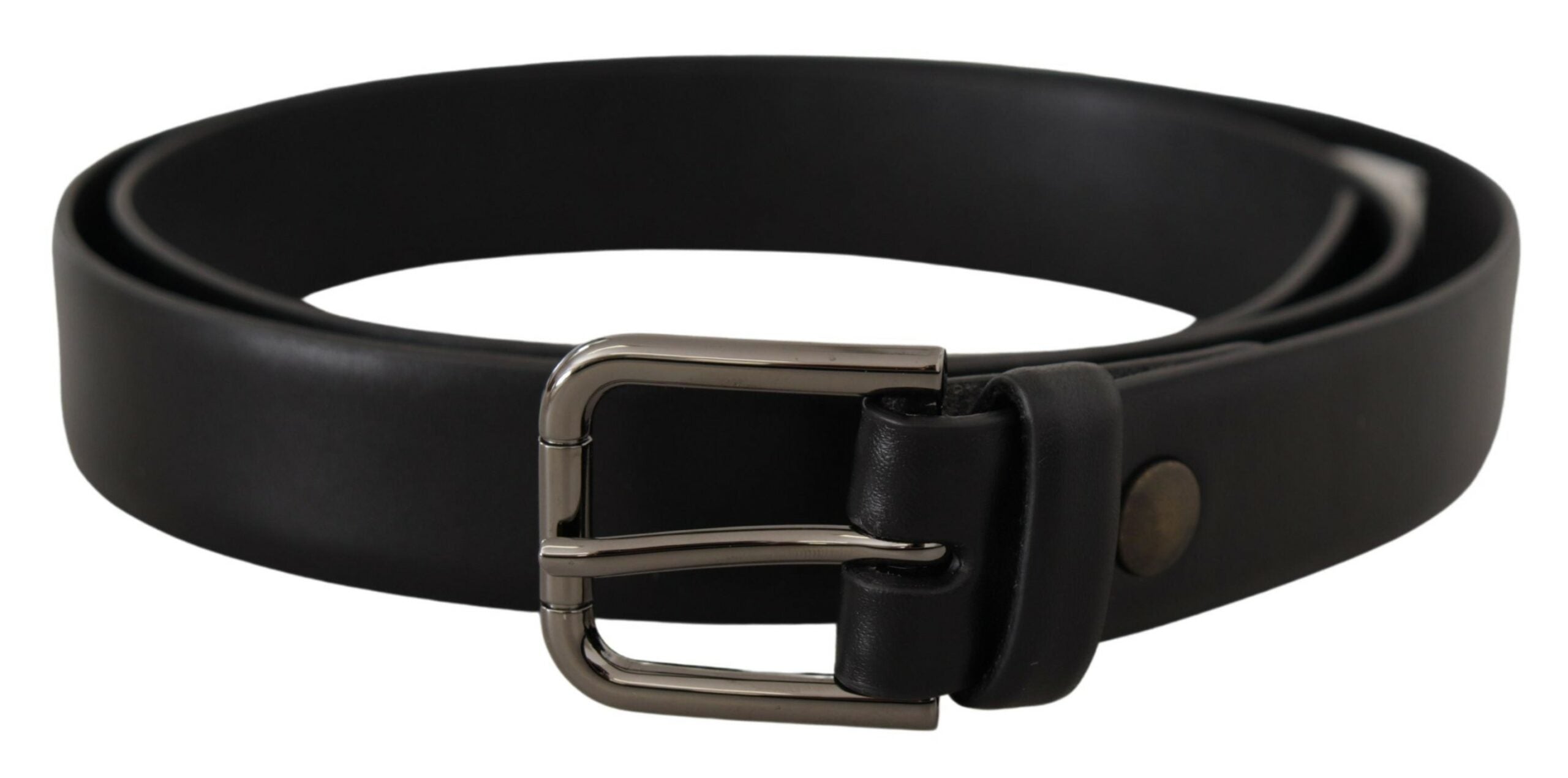 Black Calf Leather Classic Logo Metal Buckle Belt - ventzia