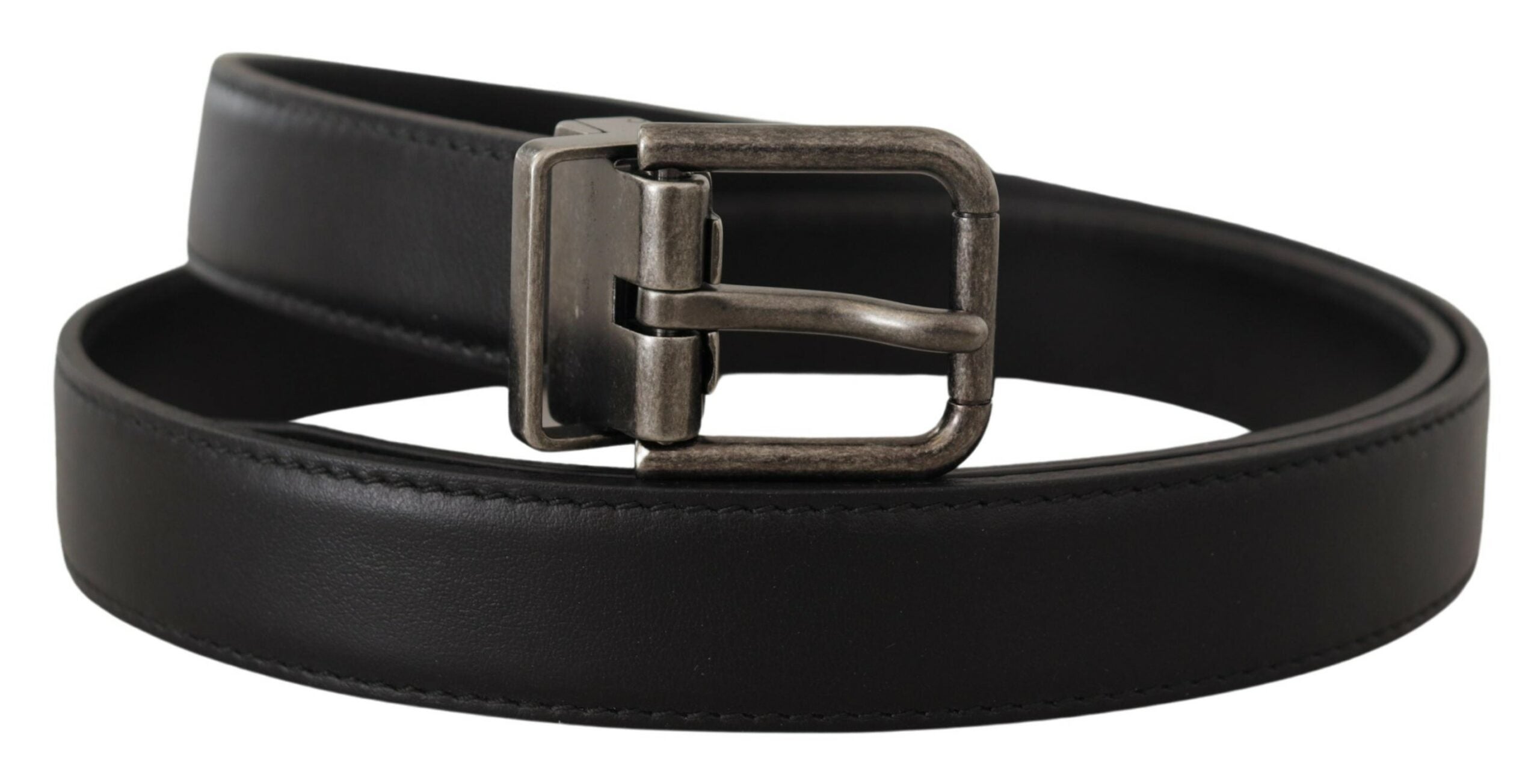 Black Plain Leather Vintage Logo Metal Buckle Belt - ventzia