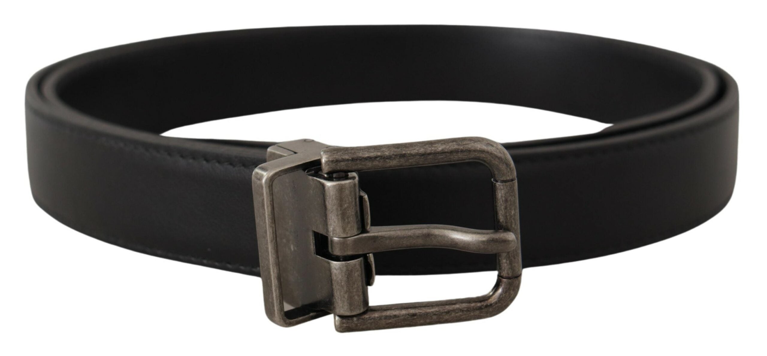 Black Plain Leather Vintage Logo Metal Buckle Belt - ventzia