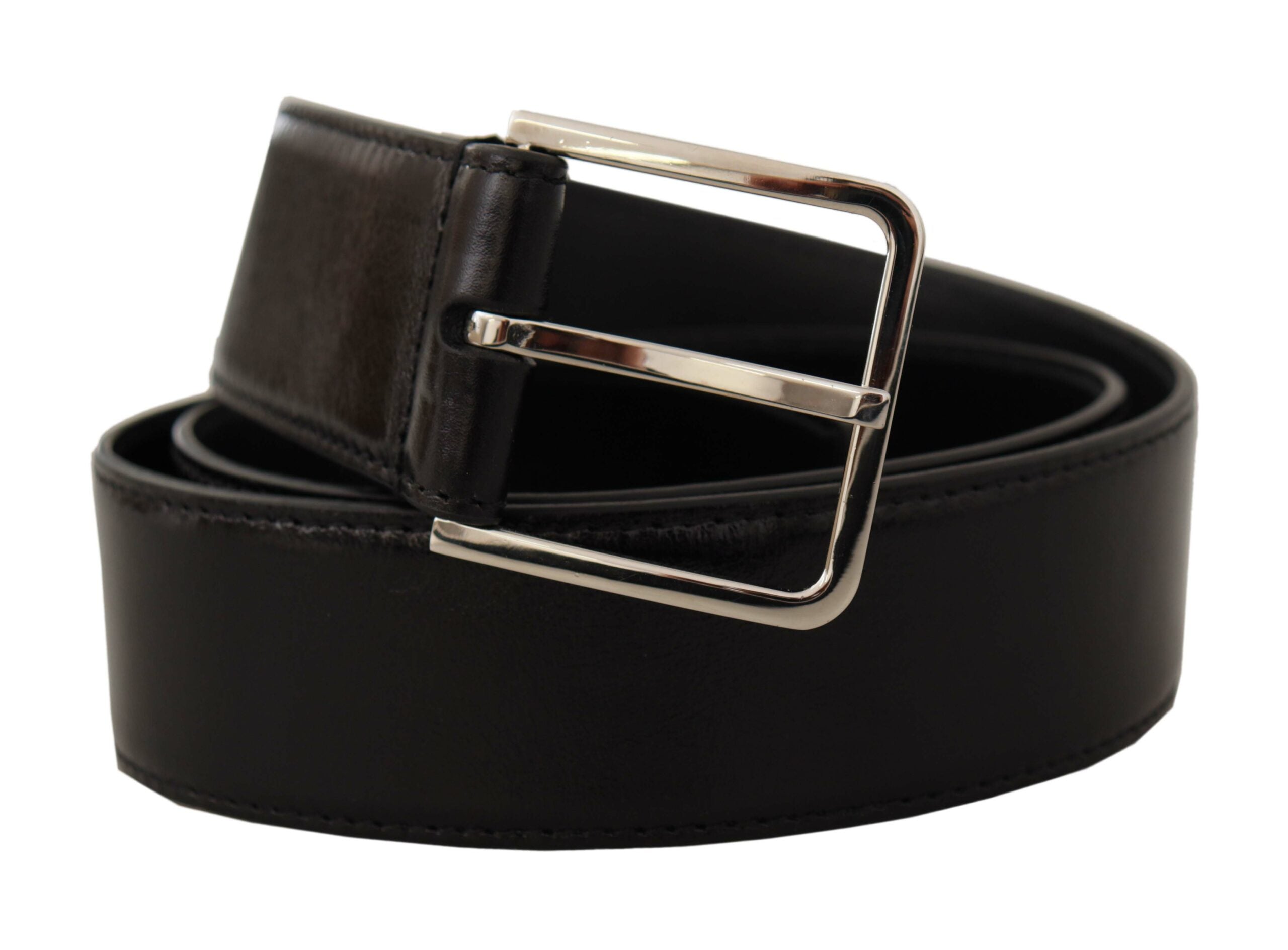 Black Calf Leather Logo Engraved Metal Buckle Belt - ventzia