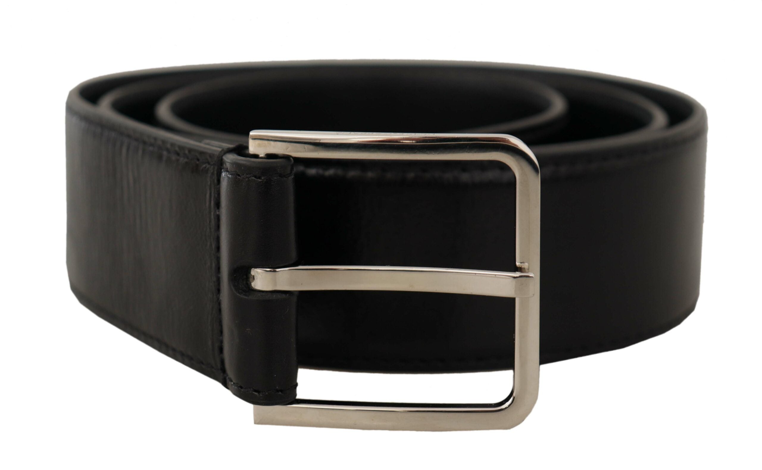 Black Calf Leather Logo Engraved Metal Buckle Belt - ventzia