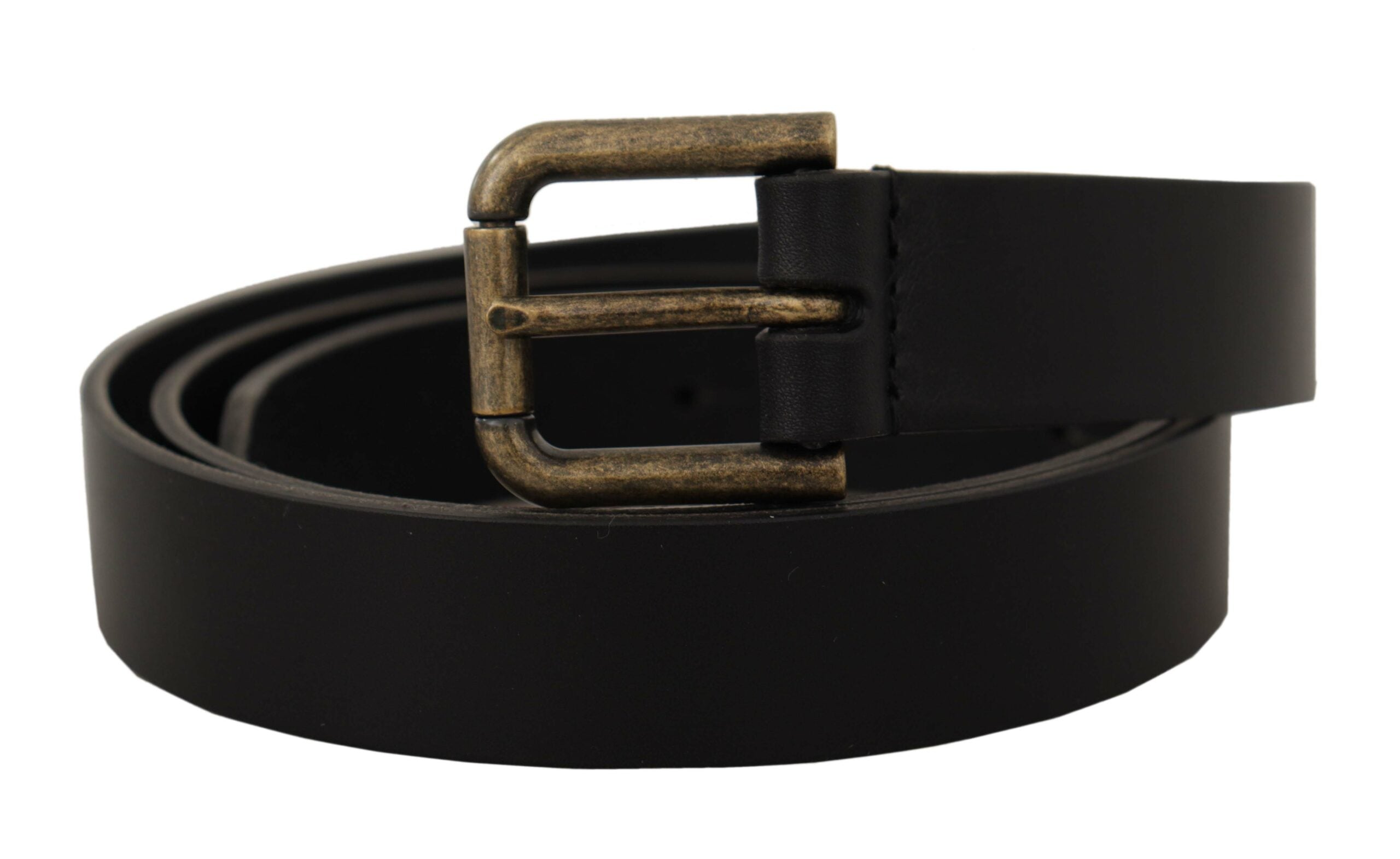 Black Calf Leather Logo Brass Metal Buckle Belt - ventzia