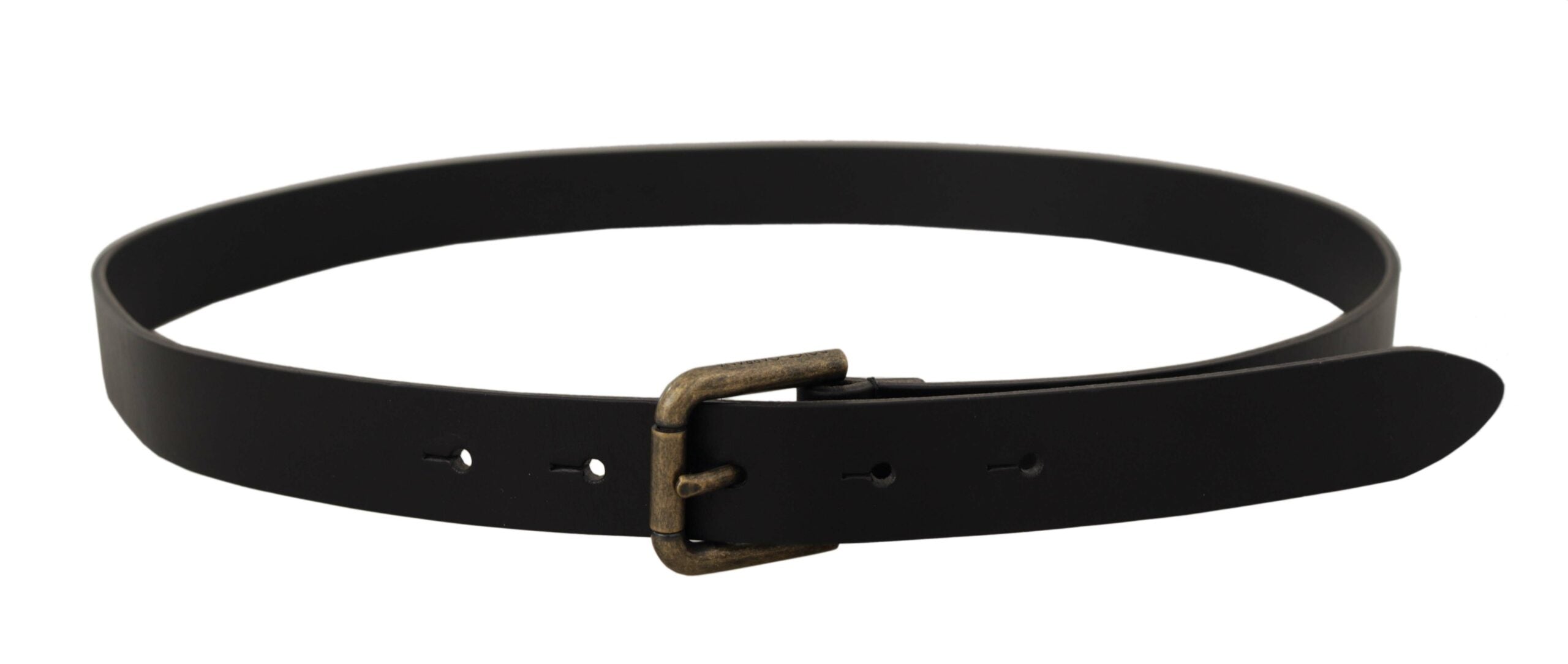 Black Calf Leather Logo Brass Metal Buckle Belt - ventzia