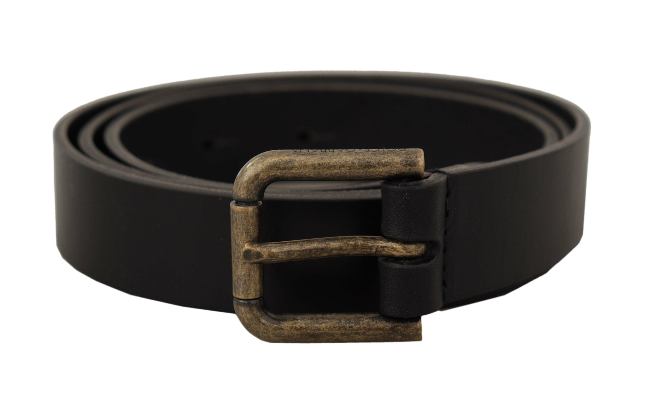 Black Calf Leather Logo Brass Metal Buckle Belt - ventzia