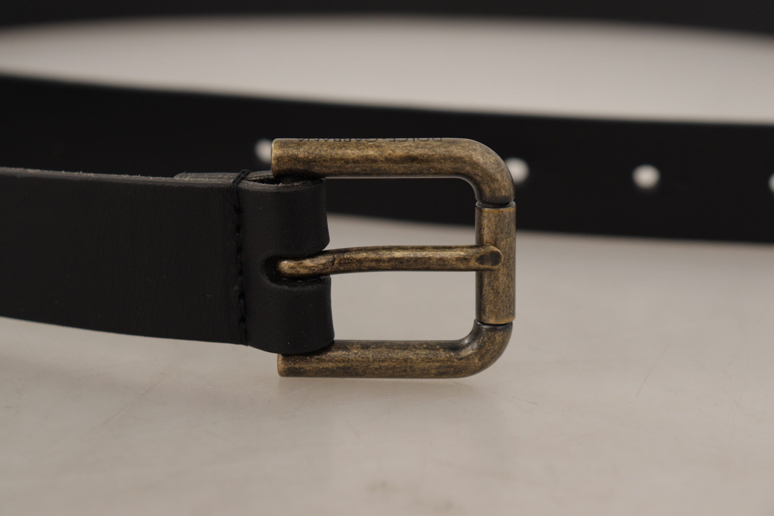 Black Calf Leather Logo Brass Metal Buckle Belt - ventzia
