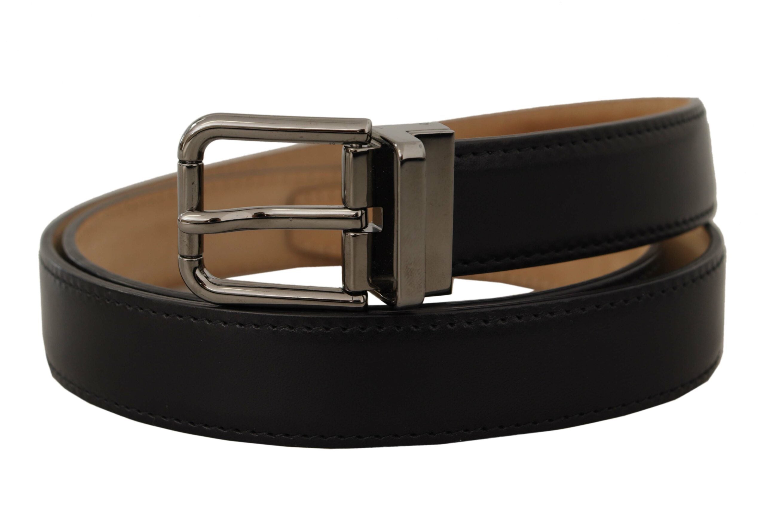 Black Calf Leather Logo Engraved Metal Buckle Belt - ventzia