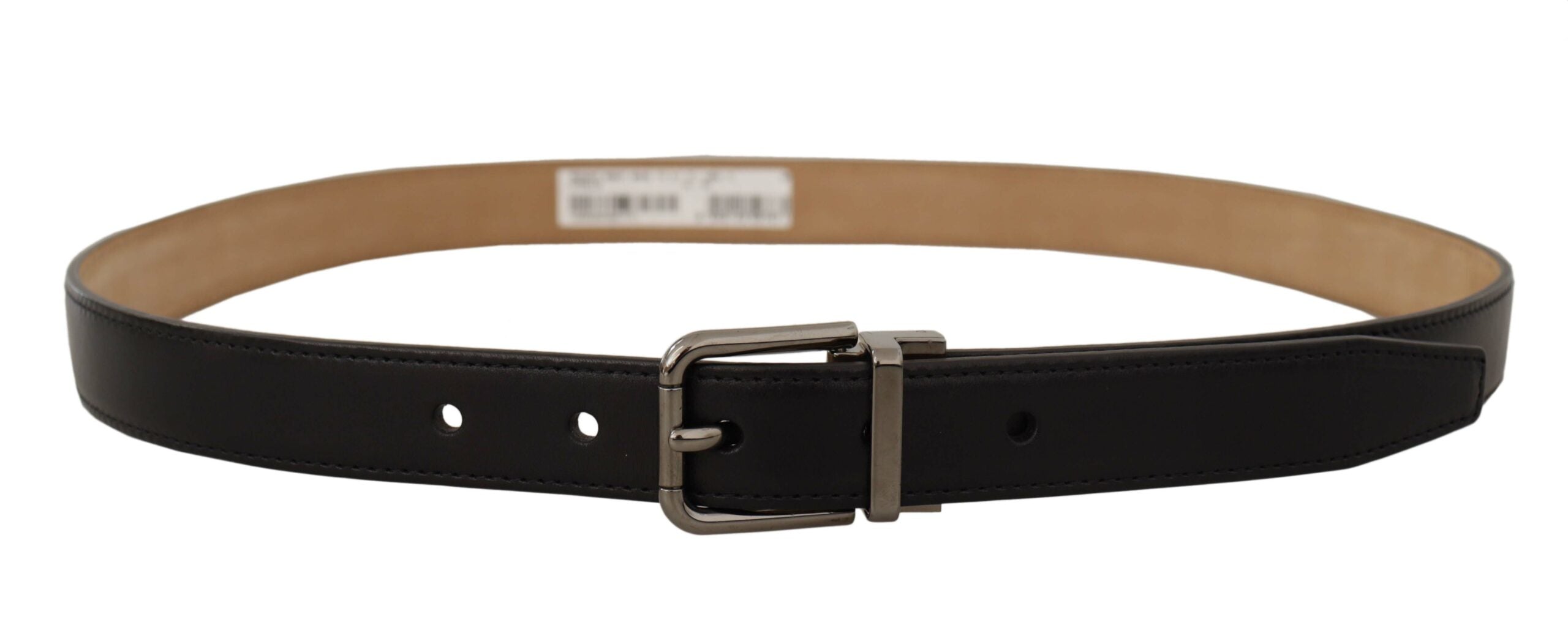 Black Calf Leather Logo Engraved Metal Buckle Belt - ventzia