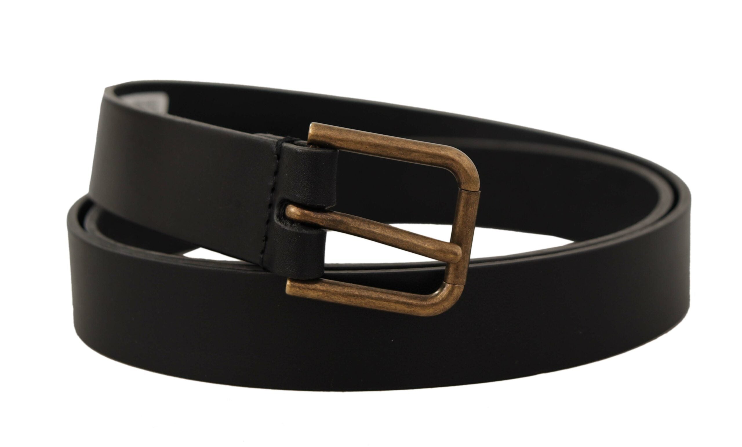 Black Calf Leather Brass Logo Engraved Buckle Belt - ventzia