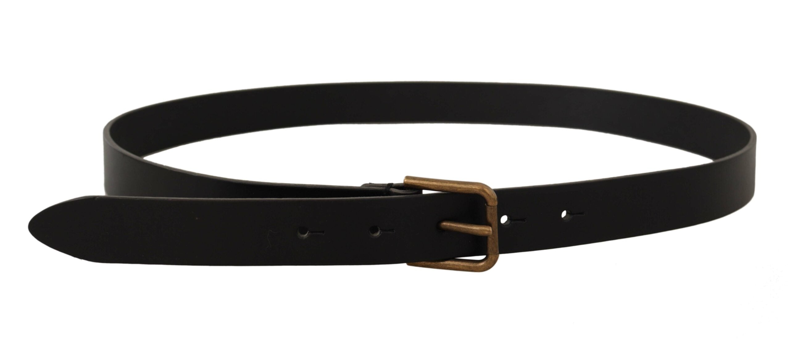 Black Calf Leather Brass Logo Engraved Buckle Belt - ventzia